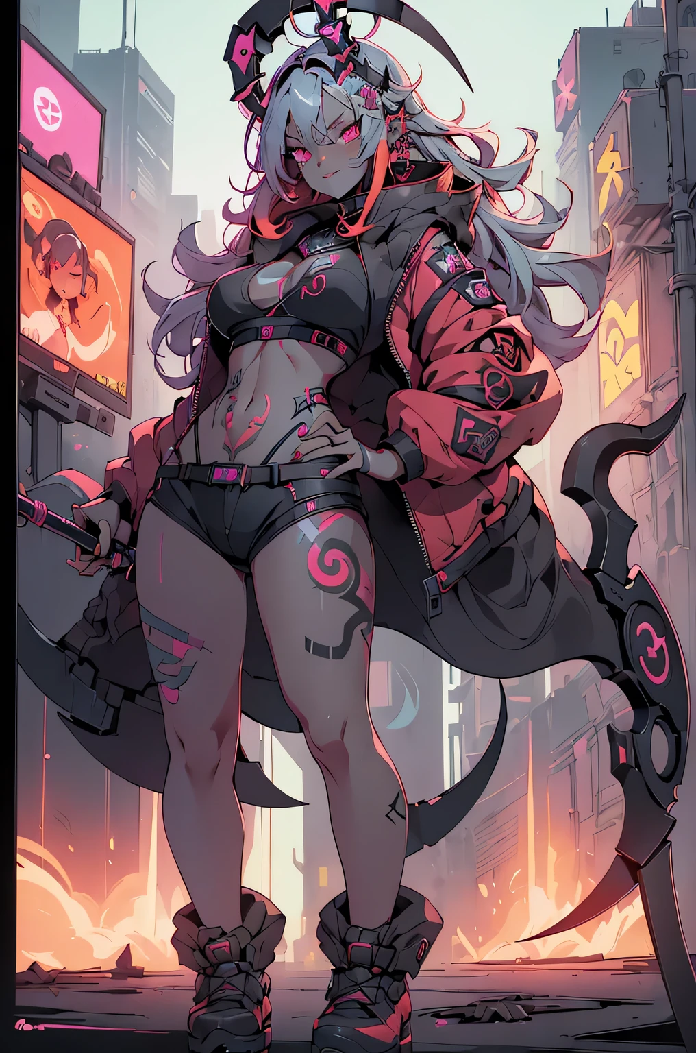 1girl, rebecca \(cyberpunk\), ((full body:1.3)),(( a huge big scythe, the size of half of the screen:1.3 )),solo, blonde braid hair, glowing red eyes,laugh fearlessly, leg tattoo, neck tattoo,  large chest, black bra, thong, red pupils, skin fang, red eyes, black jacket, pose with legs wide open、