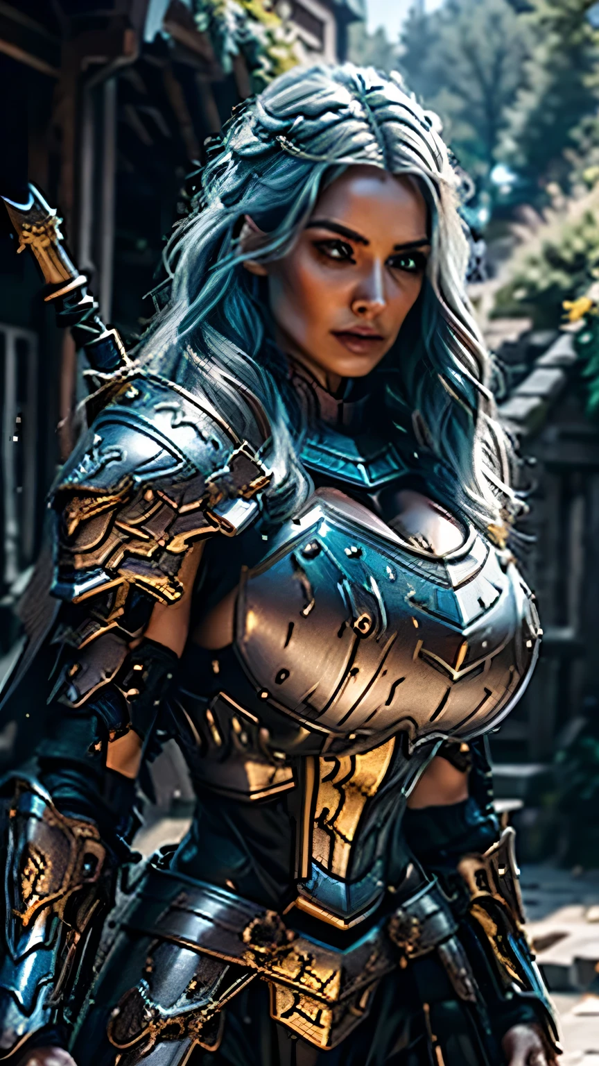 8K,asgard female warrior with very big breasts,Super beautiful(like the real thing),black very large chest armor,realistic skin,luxury black pants,Has a large, long black spear,sexy,muscular slim body,ripped abs,black shoulder armor,black waist armor,black leg armor,desert, rich colors, Backlight, cinematic lighting, film grain, RAW, 50mm lens,nikon D850,ultra high resolution,Super realistic,goddess,battle scene,action scene,action pose,shine a light on the face, long wavy blue hair, the Witcher, the Witcher armor, yennefer
