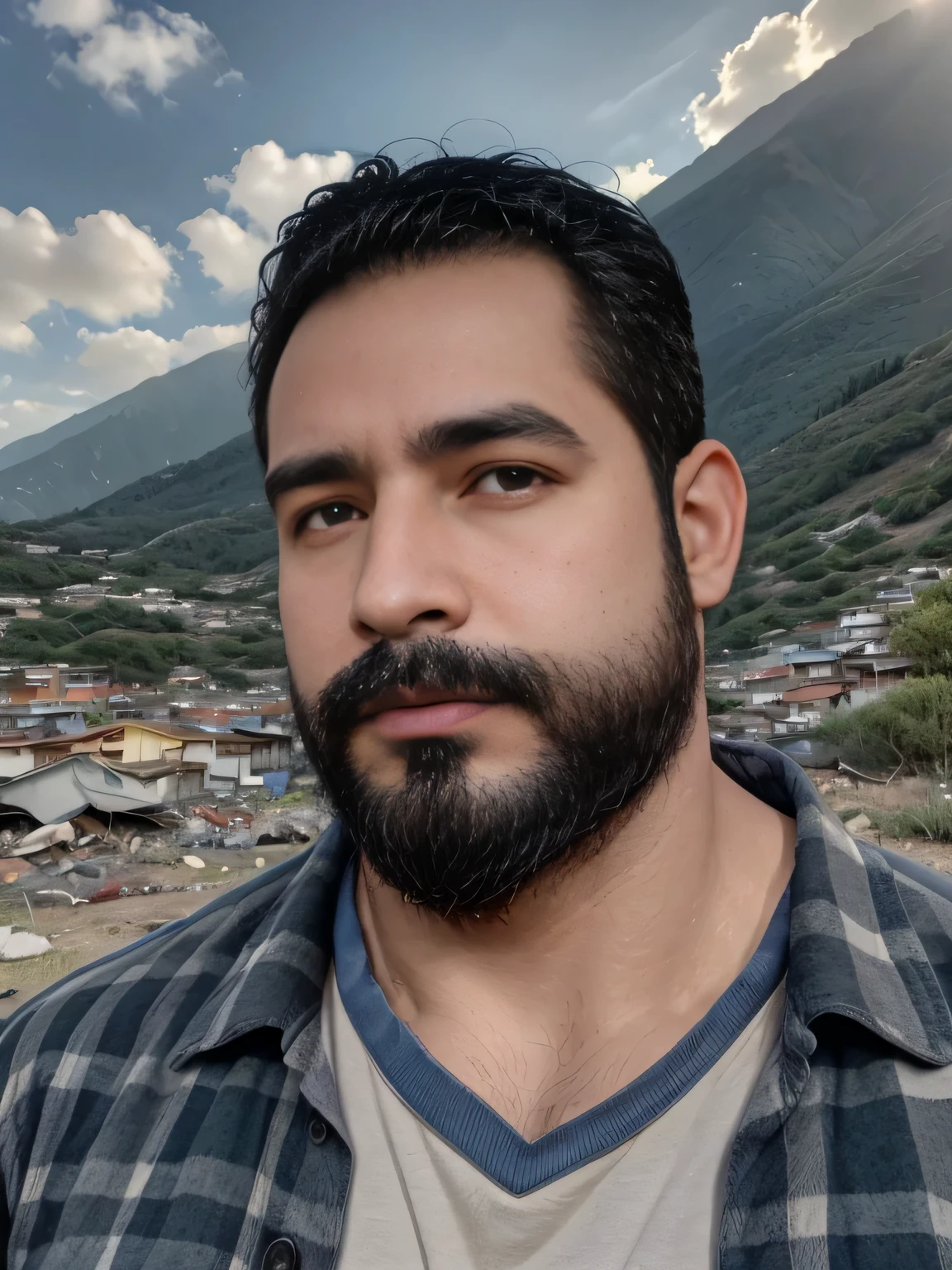 obra maestra, Mejor calidad, high resolution, Retrato de primer plano, (1 chico:1.4) A man in a lumberjack suit (cuadros blancos y negros), muscular, (con camisa: 1.2) enfoque masculino, enfocarse solo, piel bronceada, 38-year old man, muscular, fuerte, peludo, Masculino, (descamisado: 1.2), in the background a mountain of garbage, in a city with a lot of traffic and pollution, amazing composition, Vista frontal, HDR, volumetric lighting, (plano general, desde el frente:1.2) (GS-Macho :1.5) (magnificent landscape:1.2)