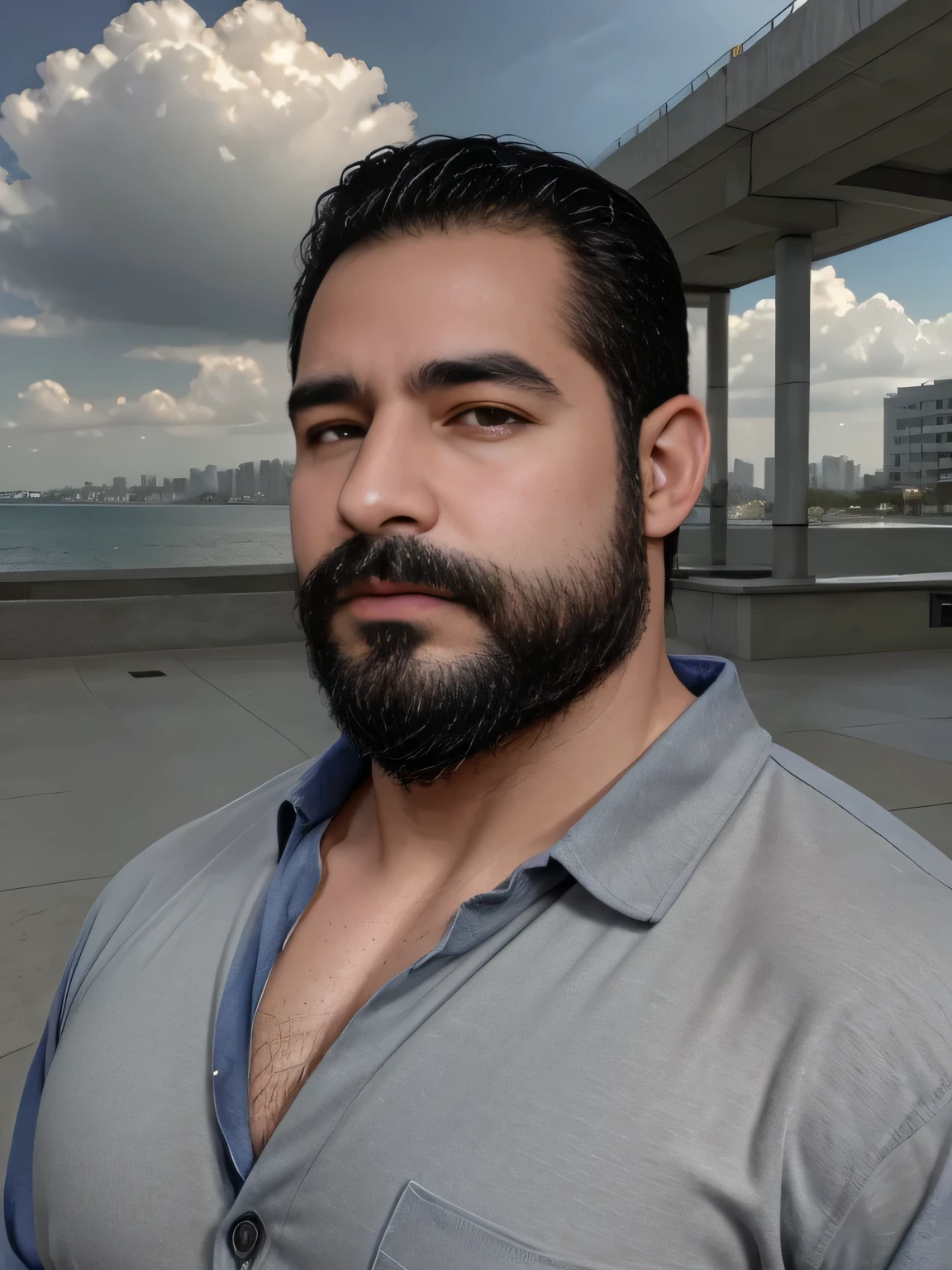 obra maestra, Mejor calidad, high resolution, Retrato de primer plano, (1 chico:1.4) A man in a lumberjack suit (cuadros blancos y negros), muscular, (con camisa: 1.2) enfoque masculino, enfocarse solo, piel bronceada, 38-year old man, muscular, fuerte, peludo, Masculino, (descamisado: 1.2), al fondo una playa, in a city with a lot of traffic and pollution, amazing composition, Vista frontal, HDR, volumetric lighting, (plano general, desde el frente:1.2) (GS-Macho :1.5) (magnificent landscape:1.2)
