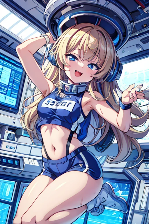top-quality,Top image quality,in 8K,4K,masterpiece,ultra-detailliert,Beautiful,ultra-quality, best quality,high resolution, ultra-detailed,game cg,dutch angle,(acrobatic pose):5,jumping:5,(inside spacestation,)beautiful detailed eyes,five fingers,headphone,nsfw,a beauty girl,(astrovest):5,(track uniforms),wet,(steam:1.5),Running form,open open mouth,(blonde hair),(long hair):2,Navel,space_station_interior, exercise_room, futuristic, high_technology, zero_gravity_exercise_equipment, high_resolution_landscape, sleek_design, minimalistic, 8K_resolution, game_cg_style, Dutch_angle, detailed_character, track_uniform, perfect_running_form, intense_expression, detailed_eyes, determination, steam:1.5, beauty, strength, five_fingers, visible_navel, open_mouth, ultra_quality, high_resolution, ultra_detailed,astrovest