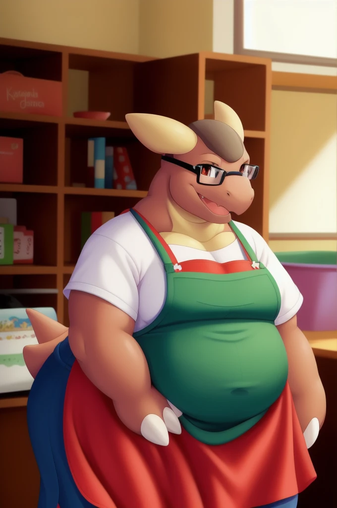 Kangaskhan, chubby, thicc, blue apron, black glasses, red bandana, kindergarten teacher, single, inside a kindergarten class