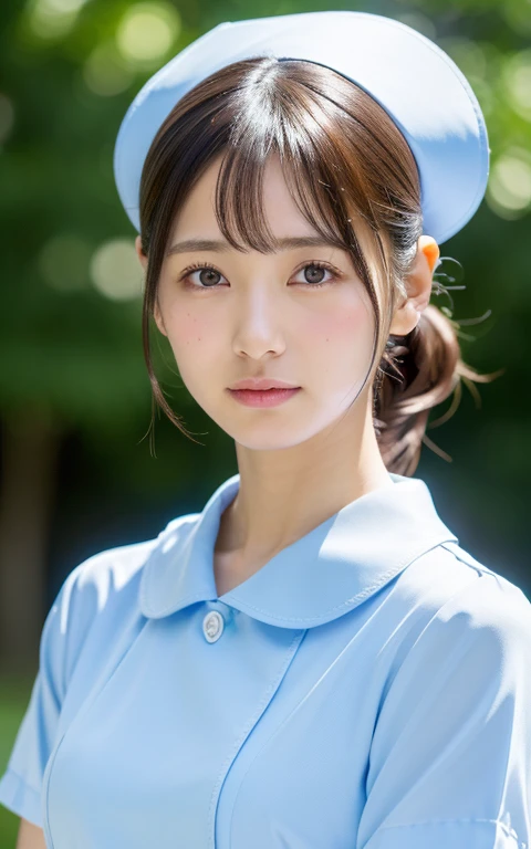 ((highest quality, 8K, pieces fly: 1.3)), beauty, one japanese girl, nurse, whole body, perfect anatomy, Are standing, black hair, dull bangs, Lower ponytail, 20-year-old, face focus, detailed face, highly detailed lips, fine eyes, sweaty skin: 1.2, nurse uniform, light blue dress, nurse cap,Her clothes are open a little and her underwear is visible