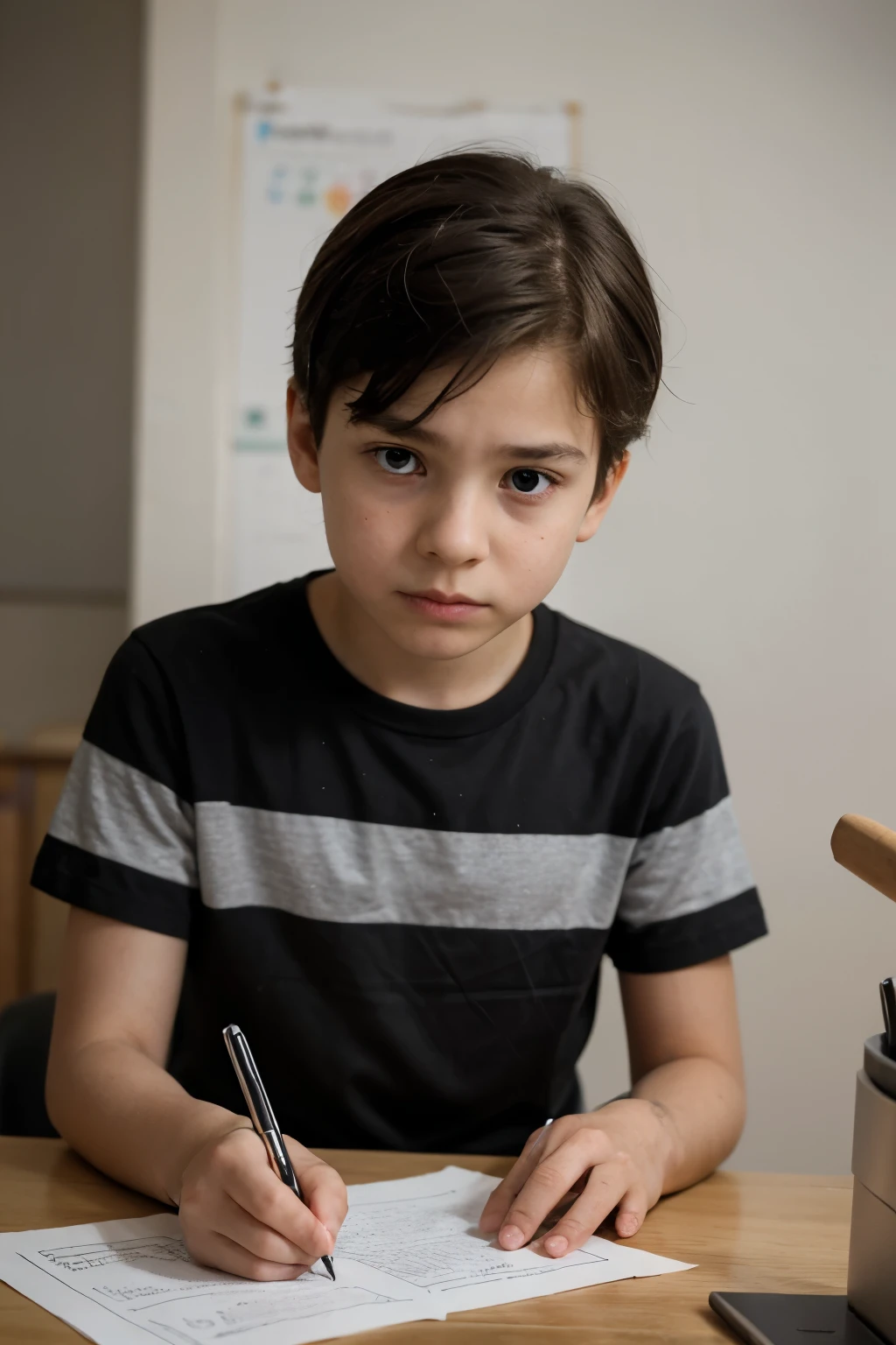 boy sitting at his desk, holding a pencil tightly. Sus trazos en el papel son irregulares y desordenados. Letters overlap and deviate from lines. A pesar de la dificultad, the boy continues trying to write with determination. His eyes reflect frustration and concentration at the same time..