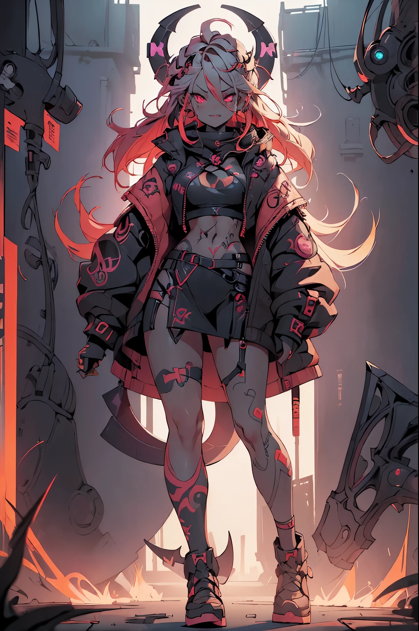 1girl, rebecca \(cyberpunk\), ((full body:1.3)),(( a huge big scythe, the size of half of the screen:1.3 )),solo, blonde braid hair, glowing red eyes,laugh fearlessly, leg tattoo, neck tattoo, large chest, black bra, thong, red pupils, skin fang, red eyes, black jacket, pose with legs wide open、