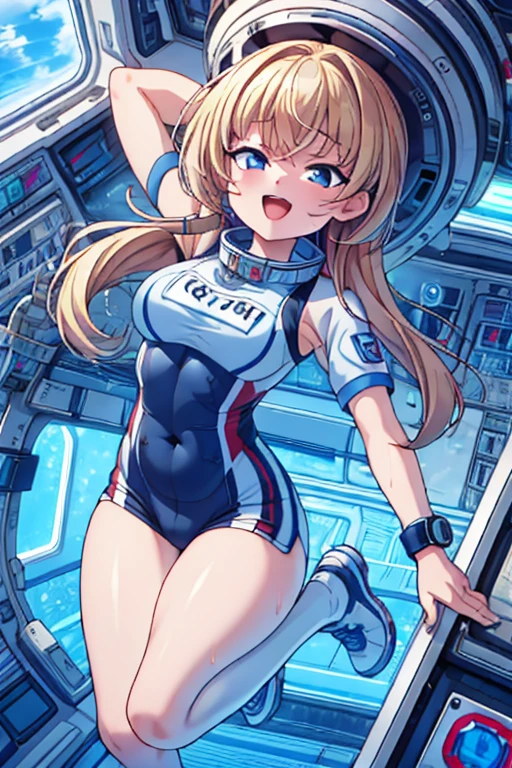 top-quality,Top image quality,in 8K,4K,​masterpiece,ultra-detailliert,Beautiful,ultra-quality, best quality,high resolution, ultra-detailed,game cg,dutch angle,(acrobatic pose):5,jumping:5,(inside spacestation,)beautiful detailed eyes,five fingers,headphone,nsfw,a beauty girl,(astrovest):5,(track uniforms),wet,(steam:1.5),Running form,open open mouth,(blonde hair),(long hair):2,Navel,space_station_interior, exercise_room, futuristic, high_technology, zero_gravity_exercise_equipment, high_resolution_landscape, sleek_design, minimalistic, 8K_resolution, game_cg_style, Dutch_angle, detailed_character, track_uniform, perfect_running_form, intense_expression, detailed_eyes, determination, steam:1.5, beauty, strength, five_fingers, visible_navel, open_mouth, ultra_quality, high_resolution, ultra_detailed,astrovest