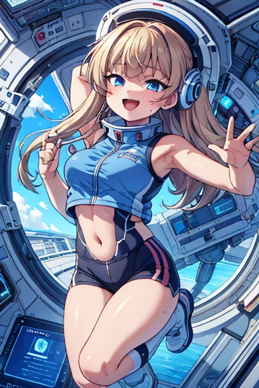 top-quality,Top image quality,in 8K,4K,masterpiece,ultra-detailliert,Beautiful,ultra-quality, best quality,high resolution, ultra-detailed,game cg,dutch angle,(acrobatic pose):5,jumping:5,(inside spacestation,)beautiful detailed eyes,five fingers,headphone,nsfw,a beauty girl,(astrovest):5,(track uniforms),wet,(steam:1.5),Running form,open open mouth,(blonde hair),(long hair):2,Navel,space_station_interior, exercise_room, futuristic, high_technology, zero_gravity_exercise_equipment, high_resolution_landscape, sleek_design, minimalistic, 8K_resolution, game_cg_style, Dutch_angle, detailed_character, track_uniform, perfect_running_form, intense_expression, detailed_eyes, determination, steam:1.5, beauty, strength, five_fingers, visible_navel, open_mouth, ultra_quality, high_resolution, ultra_detailed,astrovest