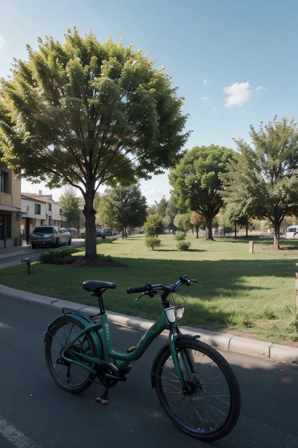 realiza una imagen de un plano de una ciudad eco sostenible, con paneles solares en las casas , Electric transport , bicicletas , muchos arboles y naturaleza todo en 3d y como si se estuviera viendo desde arriba