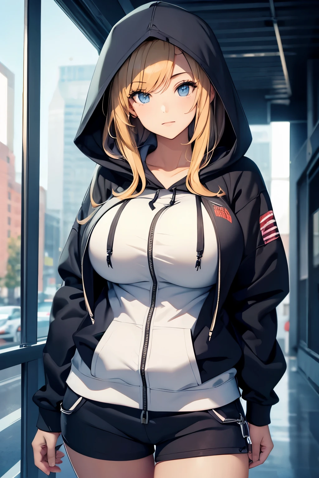 (best quality, highres), portrait, cool anime adult woman, blue eyes, blonde hair, 8k resolution, beautiful cg, soft light