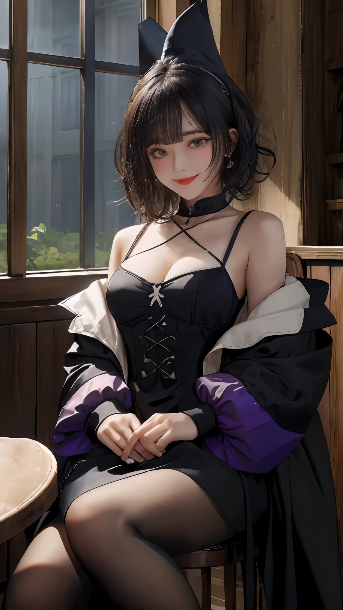 Beautiful Witch woman, with short black hair, Purple eyes, big bust, dressed witch clothes, sitting in a tavern smiling, Realistic, Full HD, Best Quality