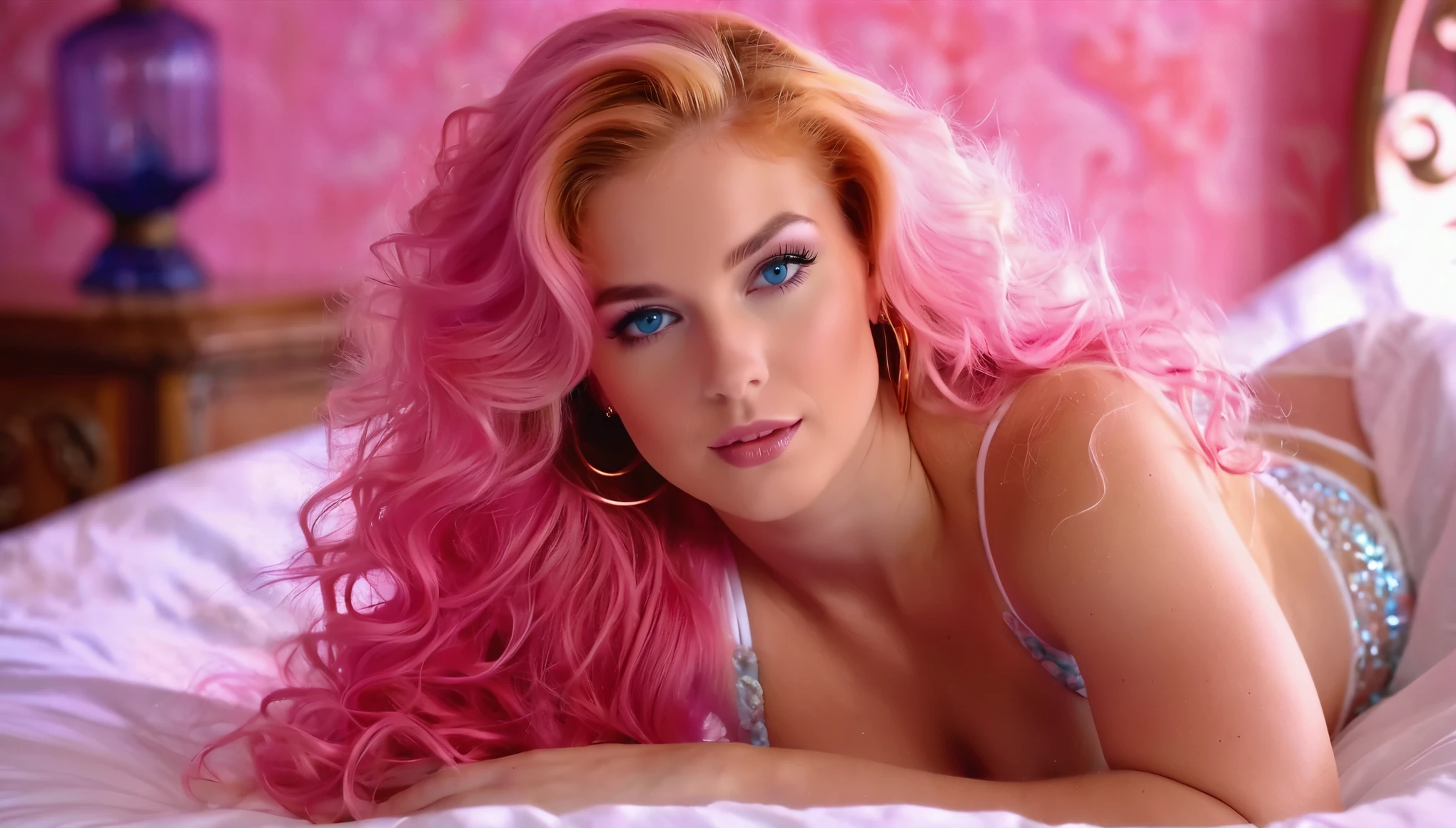 In this seductive scene, a captivating woman with luscious pink locks reclines on a sumptuous bed. Her voluminous 80s-style hair frames her bright blue eyes, radiating vibrancy and allure. Adorned with a curvy hourglass figure, her thin waist accentuates her ample, voluptuous assets. Viewed in breathtaking 4K high resolution, her full-body portrait exudes sensuality and realism. Set against a backdrop of tantalizing hues and textures, this tantalizing image invites viewers to immerse themselves in a world of fantasy and desire.