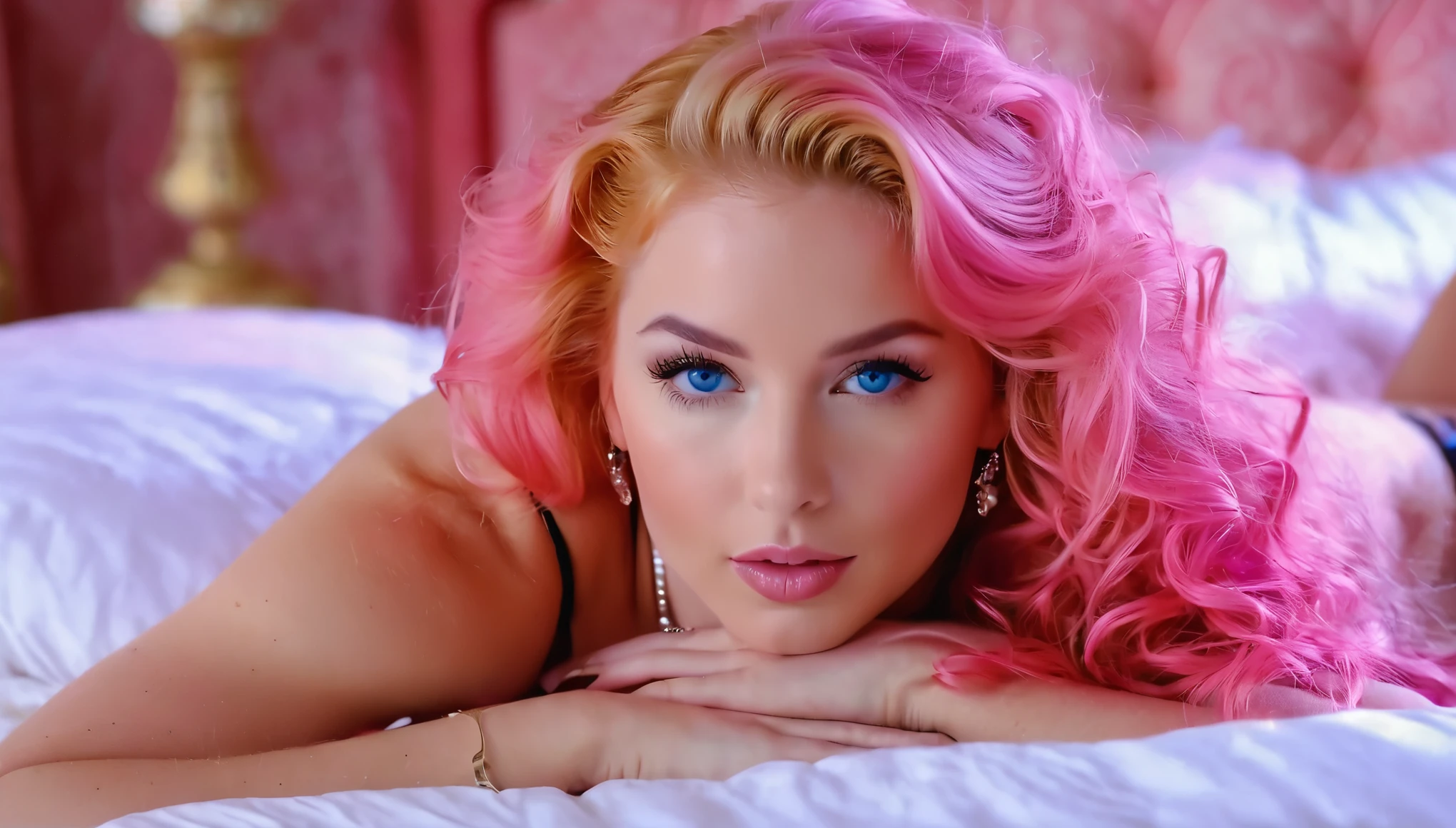 In this seductive scene, a captivating woman with luscious pink locks reclines on a sumptuous bed. Her voluminous 80s-style hair frames her bright blue eyes, radiating vibrancy and allure. Adorned with a curvy hourglass figure, her thin waist accentuates her ample, voluptuous assets. Viewed in breathtaking 4K high resolution, her full-body portrait exudes sensuality and realism. Set against a backdrop of tantalizing hues and textures, this tantalizing image invites viewers to immerse themselves in a world of fantasy and desire.