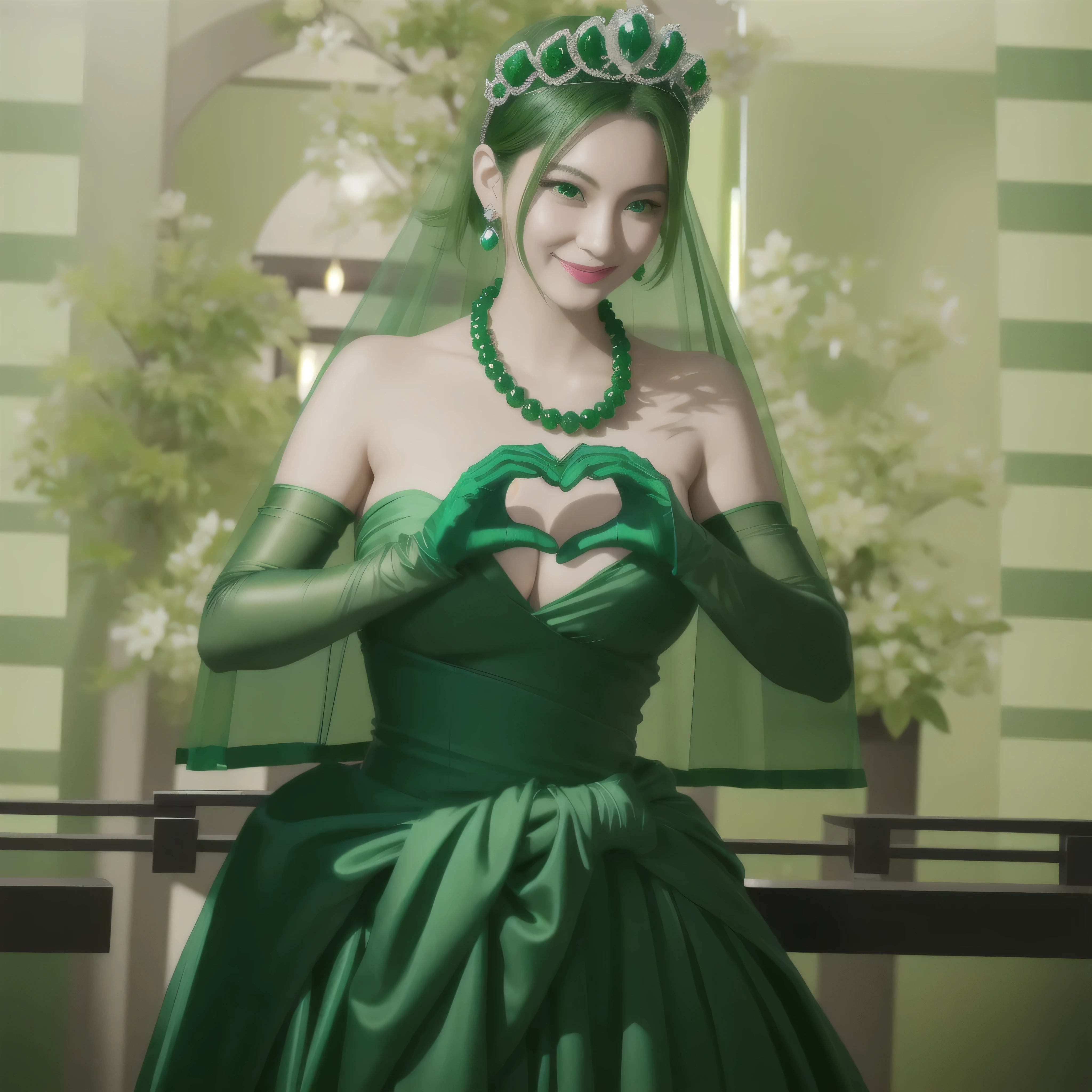 emerald tiara, green pearl necklace, boyish very short green hair, green lips, smiling Japanese woman, very short hair, Beautiful woman with big breasts, green eyes, green satin long gloves, green eyes, emerald earrings, green veil, Heart with both hands, green hair, beautiful japanese woman