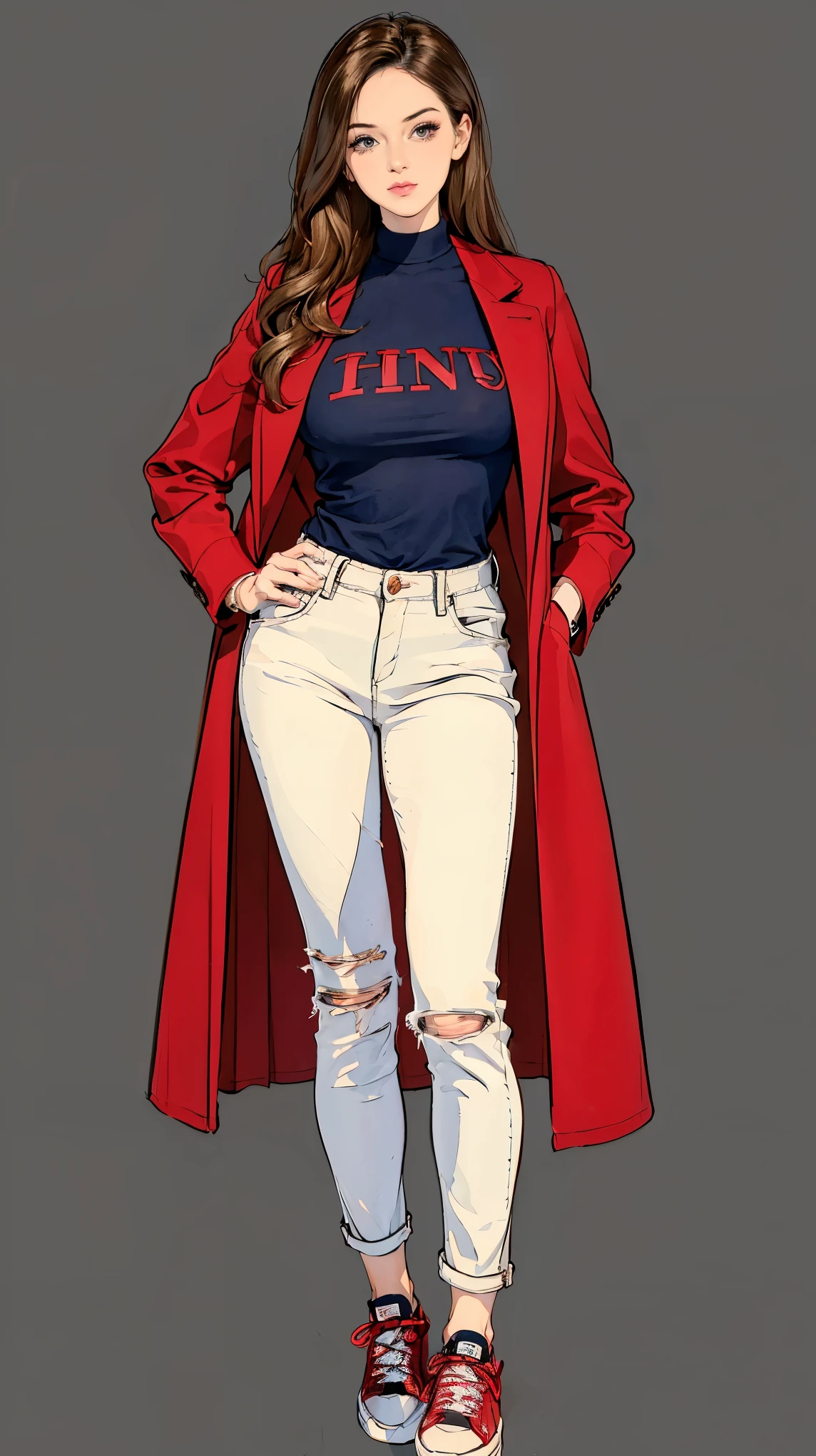 ((best quality,4k,highres,masterpiece:1.2)),((character concept art)), 1 female, age 23, French origin. With her soft, chestnut waves and striking hazel eyes, Claudine exudes an irresistible allure. Exchange student from France, Claudine's humble upbringing only enhances her intriguing persona. Her body language is as captivating as her intellect, always exuding confidence and sophistication. ((She is wearing a red velvet coat over white oxford shirt, denim jeans, and sneakers)). The attire's minimalist color enhances her unassuming persona. Claudine is genuinely altruistic, driven by a desire to make the world a better place—a stark contrast to the power-driven motives of her biological father. ((intricate detail)), super finely detailed hands, ultra finely detailed fingers(((ten fingers))), (standing confidently), (full body showcase), (show full body), (no logos on background), (no logo), ((plain background)), ((plain background)), (((empty background))).