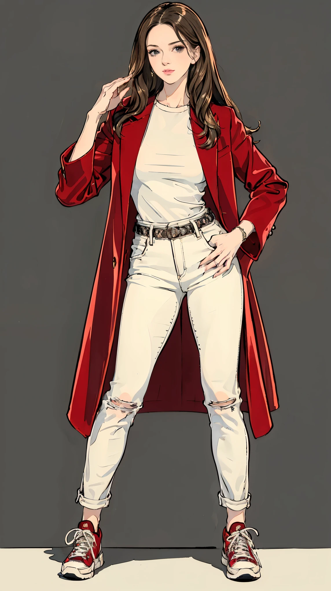 ((best quality,4k,highres,masterpiece:1.2)),((character concept art)), 1 female, age 23, French origin. With her soft, chestnut waves and striking hazel eyes, Claudine exudes an irresistible allure. Exchange student from France, Claudine's humble upbringing only enhances her intriguing persona. Her body language is as captivating as her intellect, always exuding confidence and sophistication. ((She is wearing a red velvet coat over white oxford shirt, denim jeans, and sneakers)). The attire's minimalist color enhances her unassuming persona. Claudine is genuinely altruistic, driven by a desire to make the world a better place—a stark contrast to the power-driven motives of her biological father. ((intricate detail)), super finely detailed hands, ultra finely detailed fingers(((ten fingers))), (standing confidently), (full body showcase), (show full body), (no logos on background), (no logo), ((plain background)), ((plain background)), (((empty background))).