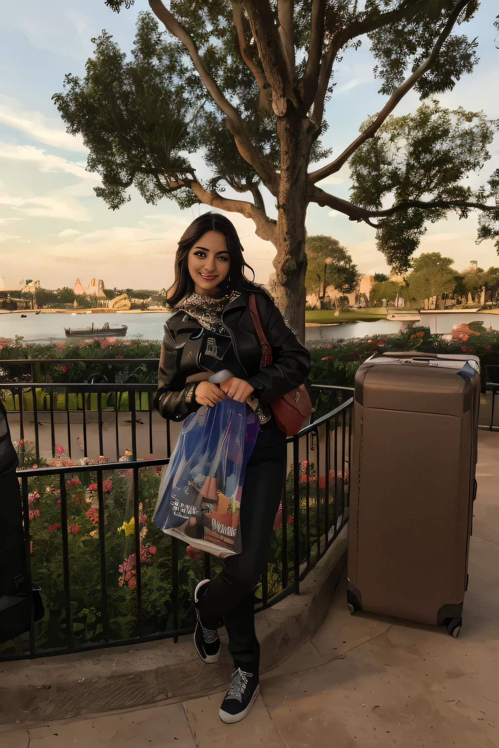 woman standing on a railing with a luggage bag in front of a lake, Epcot, Disney artist, Disneyland as a background, Disney 8k photo, at Disney, at sunset, the background is the Disneyland castle, city of Orlando (USA), in Disney adventure, Florida, (USA). A woman with white skin and dark hair. She is about 35 years old. Her slightly full and red lips are like a delicate flower, her dark brown, large and charming eyes seem to contain a world of wonders. Slim body. Thin waist. Her body exudes glamor and her face is the definition of beauty. Test, highly realistic, reddish skin, beautiful, slightly full lips, red lipstick, smiling, feeling of lightness and joy, hyper-realism, very elaborate skin, direct look. Full body photo, clear photo, high quality, high resolution, masterpiece, 8K.