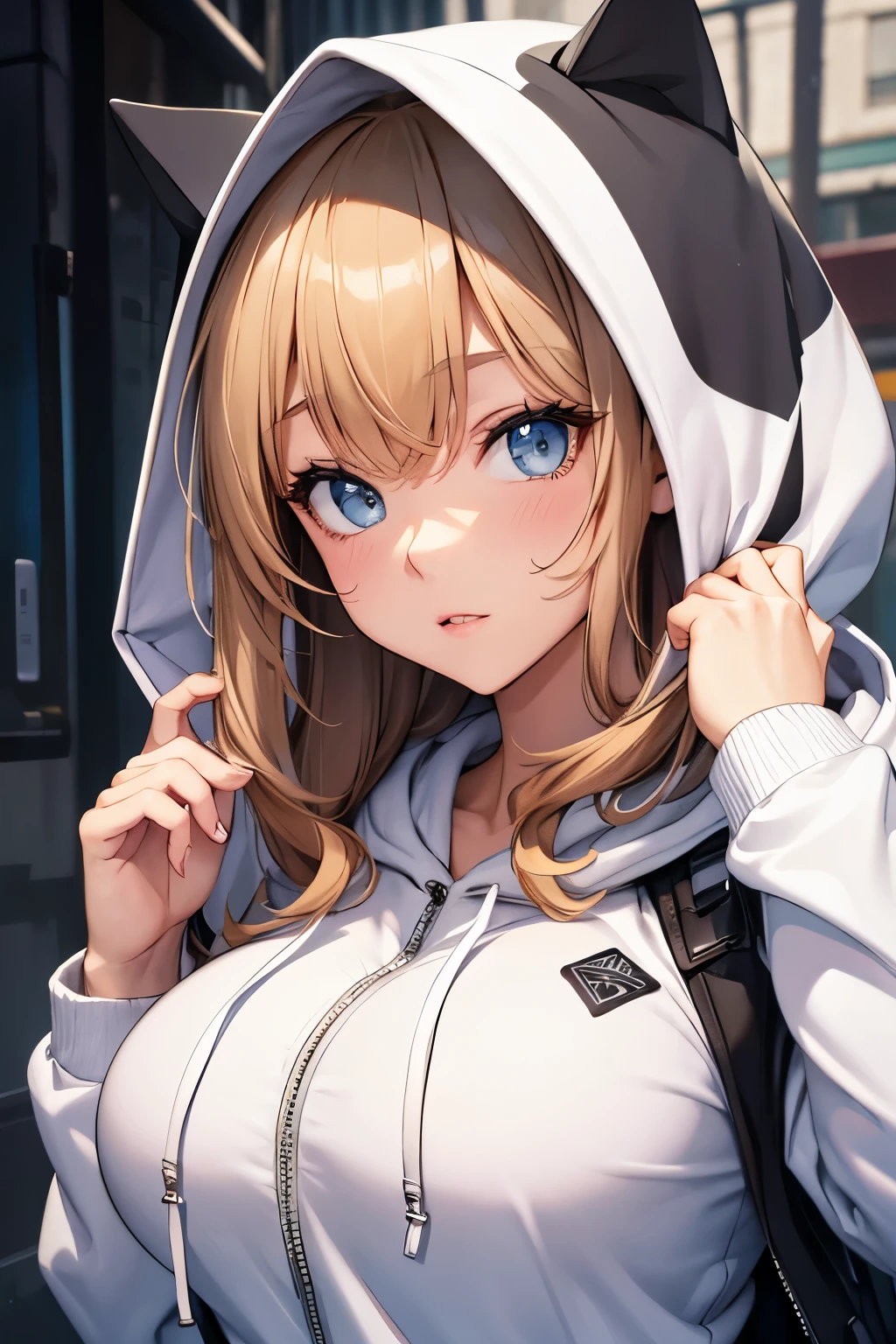 1woman,super beautiful,Standing,blush,tired expression, close up photo,Beautiful eyes, very detailed face,cute, tennis skirt,HD face, perfect face, white hoodie,long hoodie,black mini skirt,Very big breasts,Blonde hair,long hair,wavy haie,bangs,blue eyes,ultra detail,ultra Hd, masterpiece,4k