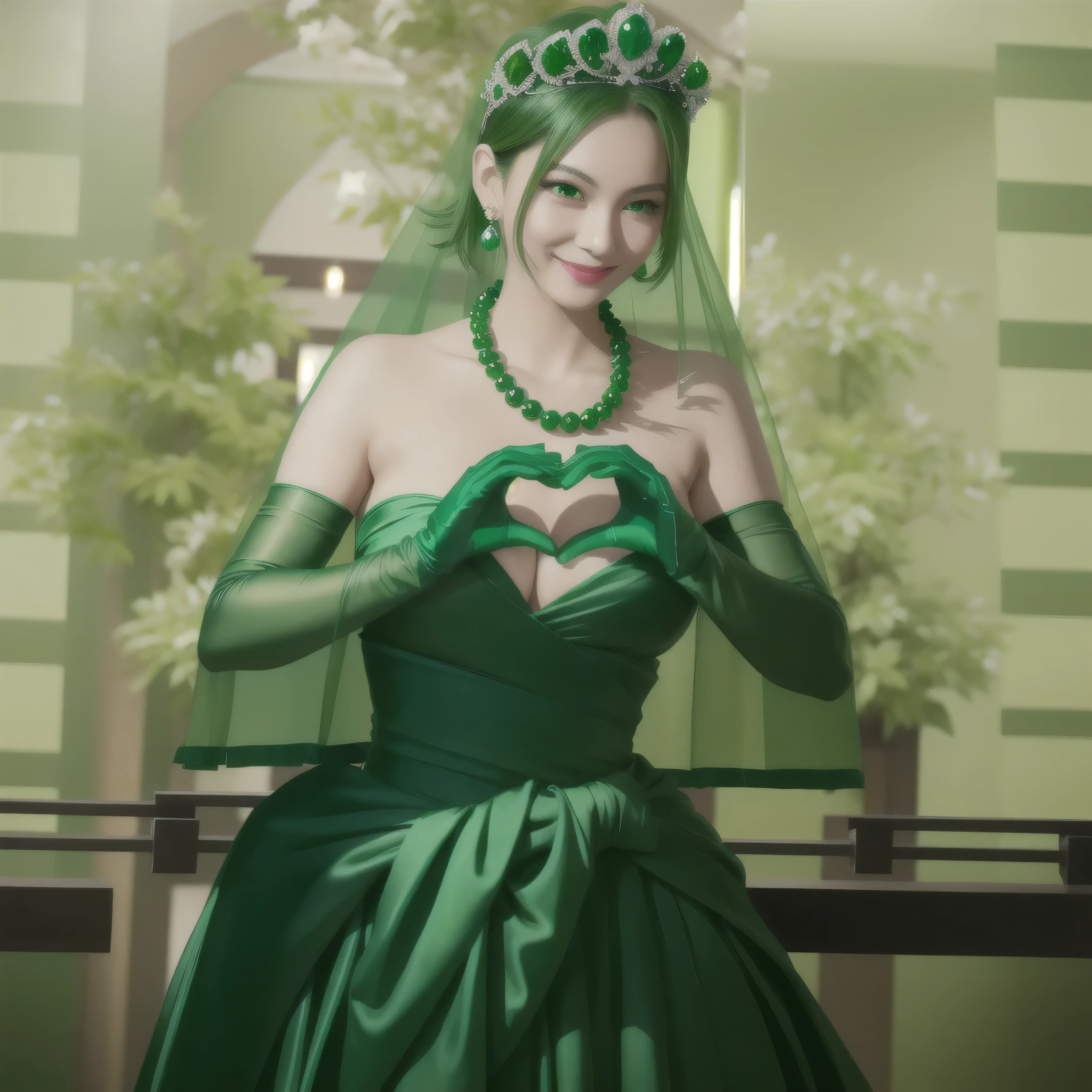 emerald tiara, green pearl necklace, boyish very short green hair, green lips, smiling Japanese woman, very short hair, Beautiful woman with big breasts, green eyes, green satin long gloves, green eyes, emerald earrings, green veil, Heart with both hands, green hair, beautiful japanese woman