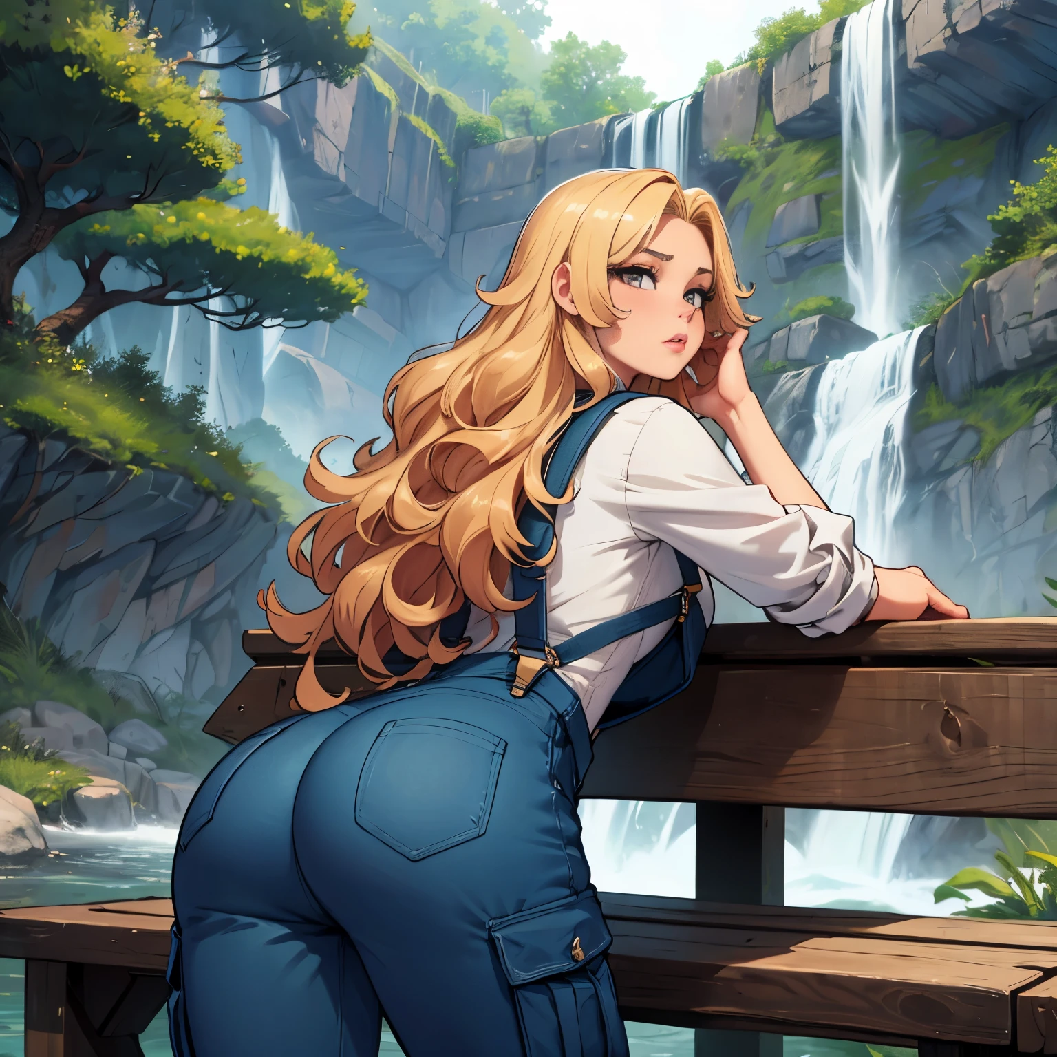 Beautiful peach skinned woman with long blonde fluffy wavy curly hair, wearing cargo pants and blue overalls, gazing at a waterfall on the bench while tapping something on her phone, huge butt, hourglass body