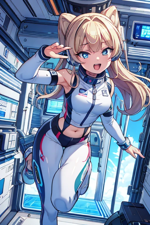 top-quality,Top image quality,in 8K,4K,​masterpiece,ultra-detailliert,Beautiful,ultra-quality, best quality,high resolution, ultra-detailed,game cg,dutch angle,(acrobatic pose):5,jumping:5,(inside spacestation,)beautiful detailed eyes,five fingers,headphone,nsfw,a beauty girl,(astrovest):5,(track uniforms),wet,(steam:1.5),Running form,open open mouth,(blonde hair),(long hair):2,Navel,space_station_interior, exercise_room, futuristic, high_technology, zero_gravity_exercise_equipment, high_resolution_landscape, sleek_design, minimalistic, 8K_resolution, game_cg_style, Dutch_angle, detailed_character, track_uniform, perfect_running_form, intense_expression, detailed_eyes, determination, steam:1.5, beauty, strength, five_fingers, visible_navel, open_mouth, ultra_quality, high_resolution, ultra_detailed,astrovest