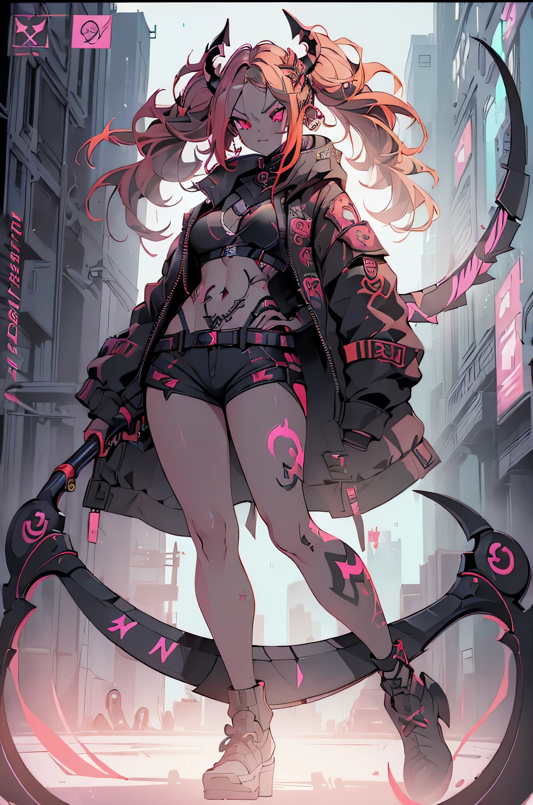 1girl, rebecca \(cyberpunk\), ((full body:1.3)),(( a huge big scythe, the size of half of the screen:1.3 )),solo, blonde braid hair, glowing red eyes,laugh fearlessly, leg tattoo, neck tattoo,  large chest, black bra, thong, red pupils, skin fang, red eyes, black jacket, pose with legs wide open、