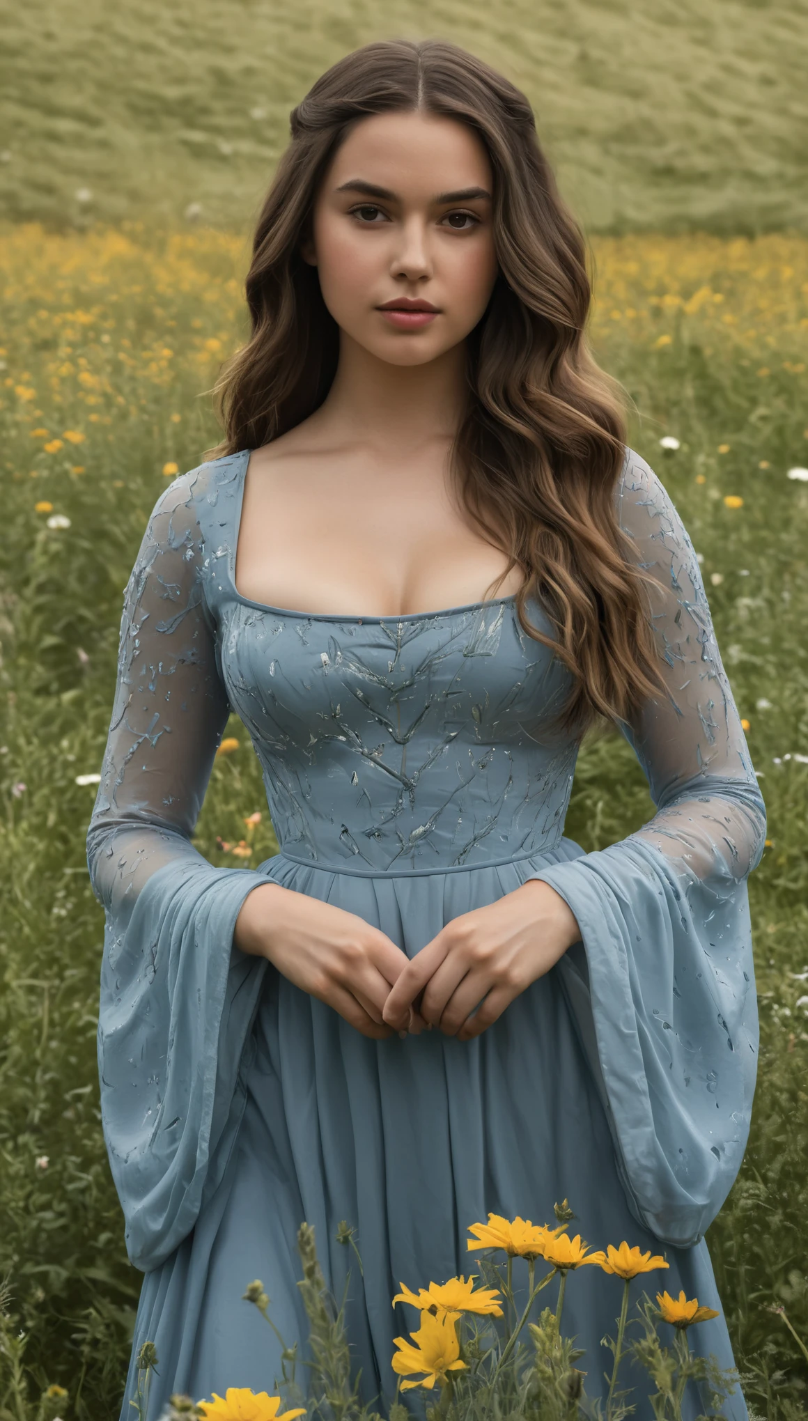 An illustrated movie poster, hand-drawn, full color, a Westerosi teen girl, wearing a long regal dress, resembles Ana De Armas, sun-tanned complexion, athletic, hourglass figure, voluptuous, toned midriff, bottom-heavy, generous hips, massive bubble-butt, ridiculously thick powerful thighs, dark hair, long hair, waist-length hair, posing in a field of wildflowers, hard shadows, graphite shading, stencil marks, airbrushed acrylic paint, masterpiece, in the style of Game of Thrones