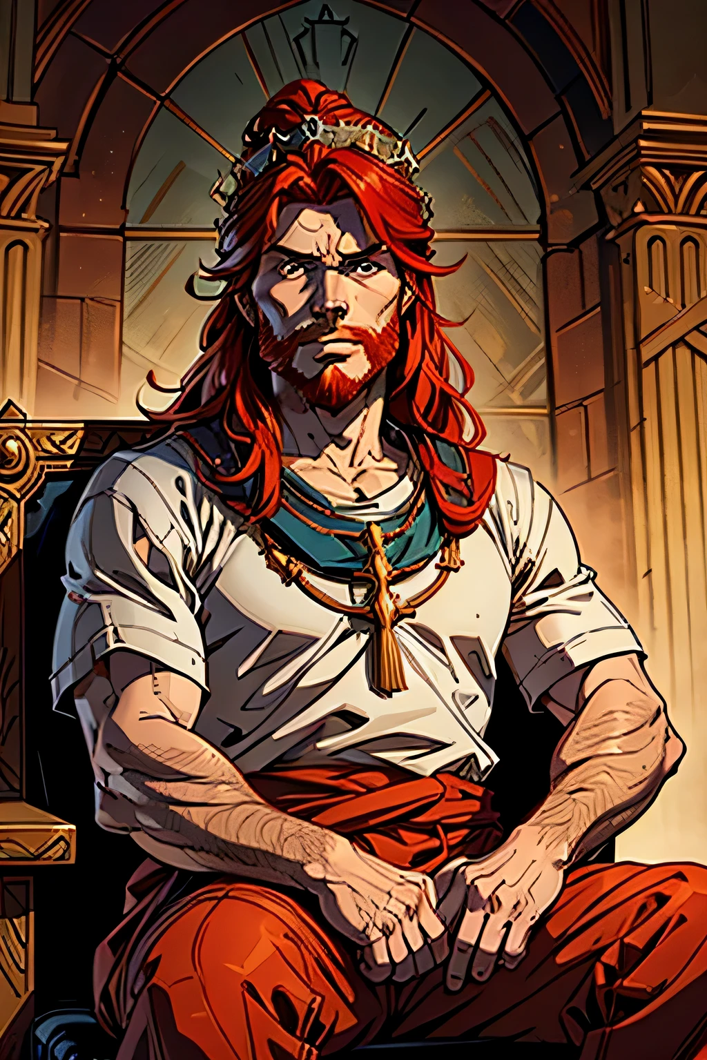 best quality image, man, 30 years old, medium long red hair, red beard, wearing biblical style king's clothes, with a crown on his head, looking straight ahead, serious expression, sitting on a biblical style king's throne, biblical style ,Hebrew style