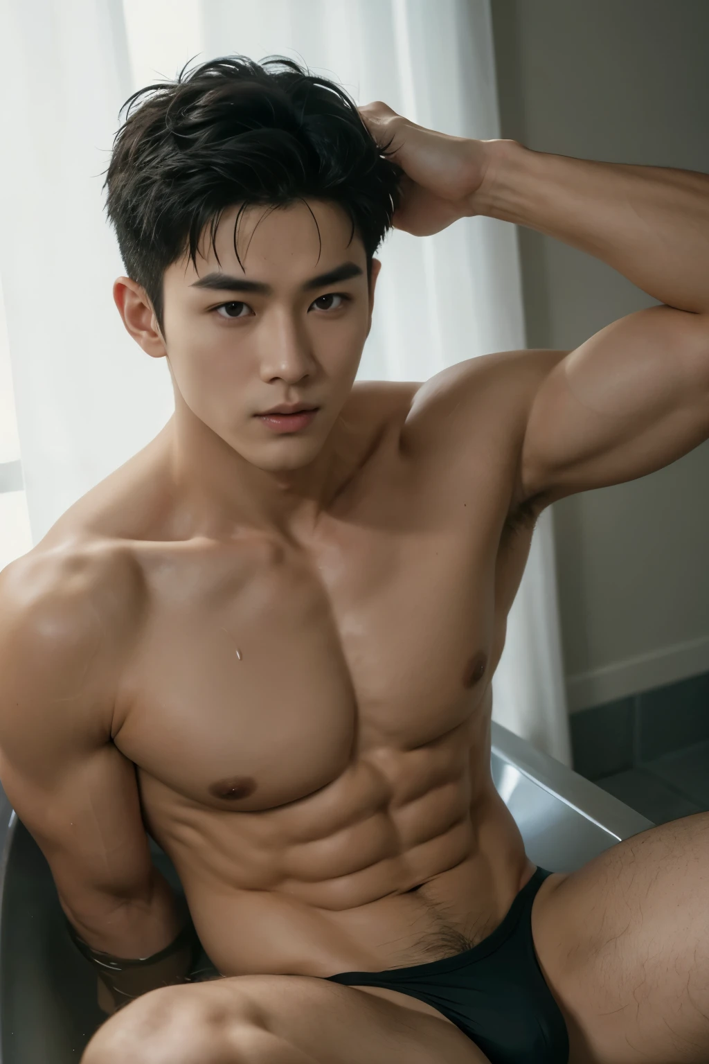 Chinese male actor in briefs, handsome Chinese guy, handsome man, Full Body Shoot, photoshoot, portrait, studio lighting, look at camera, detailed facial parts, Manly, Charmer, Active Boy, take a bath, laying in bath, wet body, open legs, anguished expression, perfect anatomy, symmetric body, asian boy 30years old, shirtless :: high detail, asian, a little six packs attractive body, realistic, human skin, Short Hairstyle, handsome chad chin, shirtless, handsome, attractive, slightly muscular man, masculine, sexually attractive, human skin, (eyes contact), Handsome, Attractive, bulge in briefs, The crotch is raised
