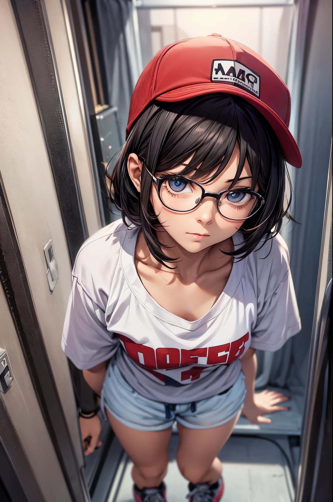 night hotel,inside the room,full body,one 30 years old lady,slender body,she’s wearing heavy makeup,she’s wearing glasses,brown short bob hair,rage,glaring,serious,(she’s wearing baseball cap,parker with hoodle,shorts,high cut sneakers)
