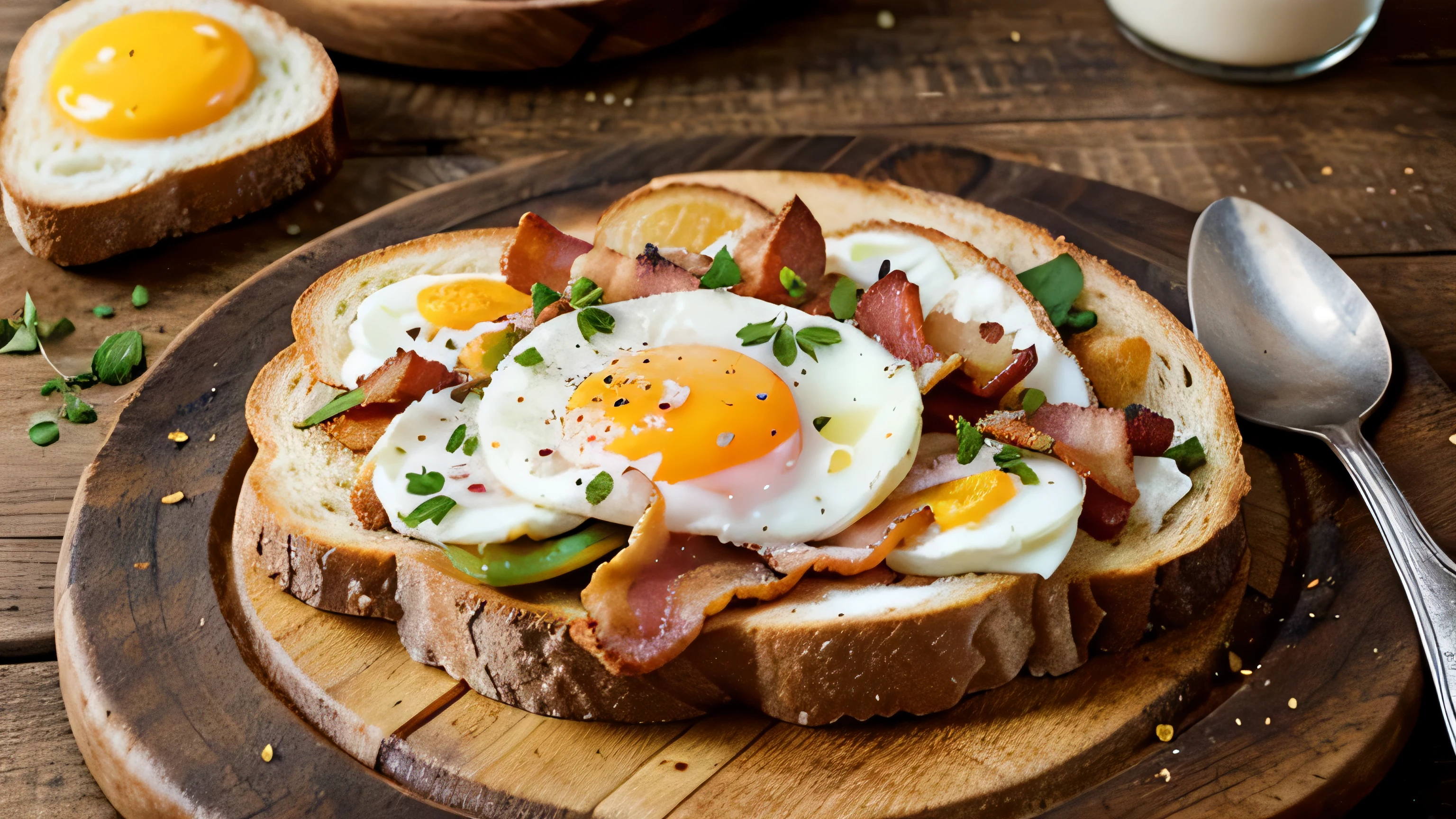 english breakfast - toast, egg, bacon and vegetables in a rustic style on wooden table