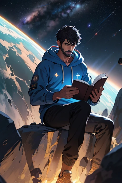Draw a young programmer, sitting on a research platform floating in the middle of an asteroid belt. He is studying with a notebook, surrounded by several asteroids glowing with fiery auras. Dramatic lighting from distant stars and planets illuminates the scene, casting deep shadows on the suit. The young man looks confident and determined, looking at the vast and mysterious universe with wonder and respect,facial hair, cowboy shot, (reading a book) (blue hoodie)