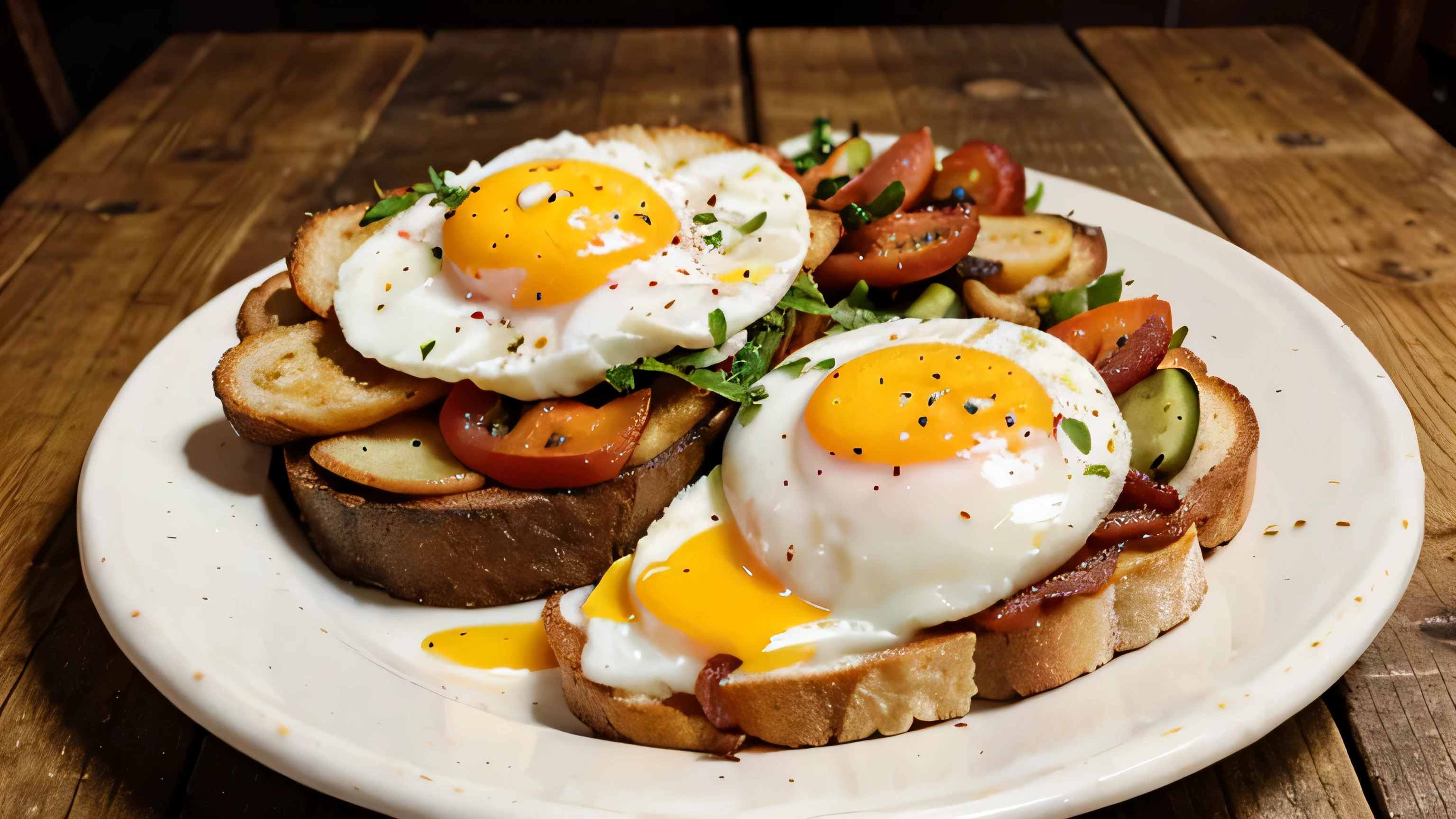 english breakfast - toast, egg, bacon and vegetables in a rustic style on wooden table
