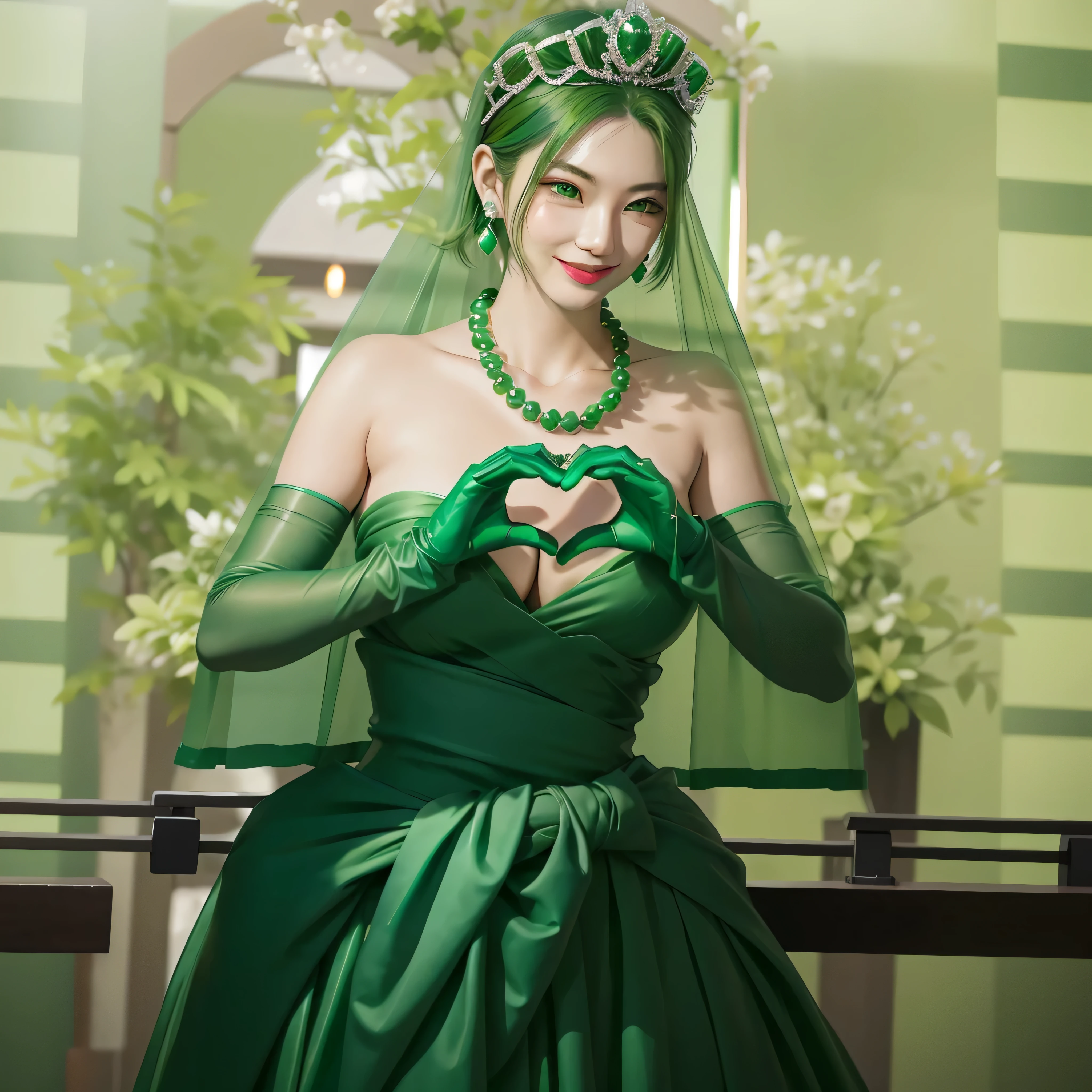 emerald tiara, green pearl necklace, boyish very short green hair, green lips, smiling Japanese woman, very short hair, Beautiful woman with big breasts, green eyes, green satin long gloves, green eyes, emerald earrings, green veil, Heart with both hands, green hair, beautiful japanese woman