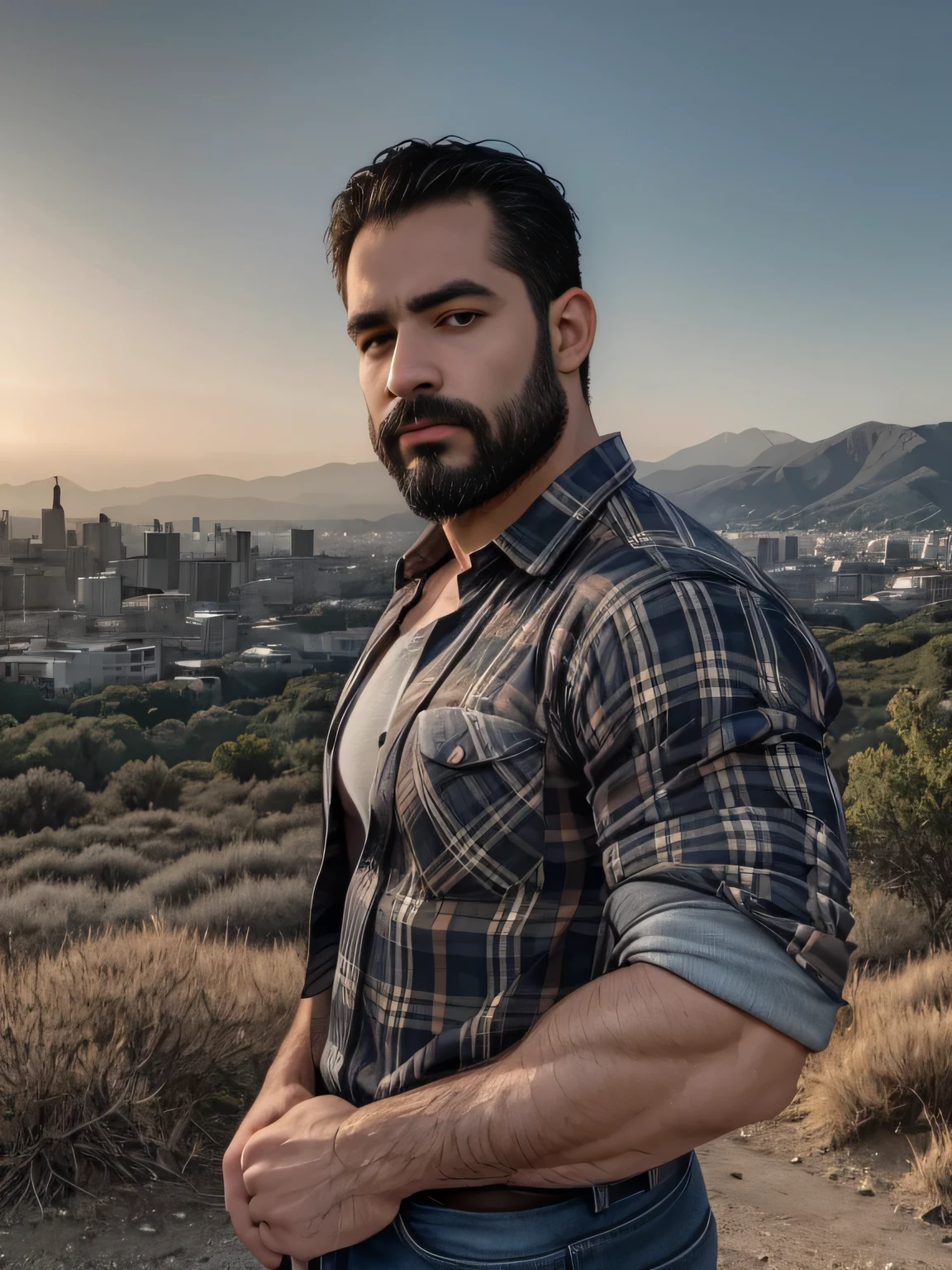 obra maestra, Mejor calidad, high resolution, Retrato de primer plano, (1 chico:1.4) A man in a lumberjack suit (cuadros blancos y negros), muscular, (con camisa: 1.2) enfoque masculino, enfocarse solo, piel bronceada, 38-year old man, muscular, fuerte, peludo, Masculino, (descamisado: 1.2), in the background a mountain of garbage, in a city with a lot of traffic and pollution, amazing composition, Vista frontal, HDR, volumetric lighting, (plano general, desde el frente:1.2) (GS-Macho :1.5) (magnificent landscape:1.2)
