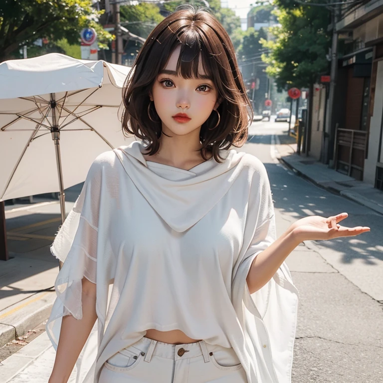 22 year old youman, beautiful, round face, short brown hair with bangs, big brown eyes, big lips, red lips, fixing hair with right hand, wearing white poncho, cyan pants, innocent look
