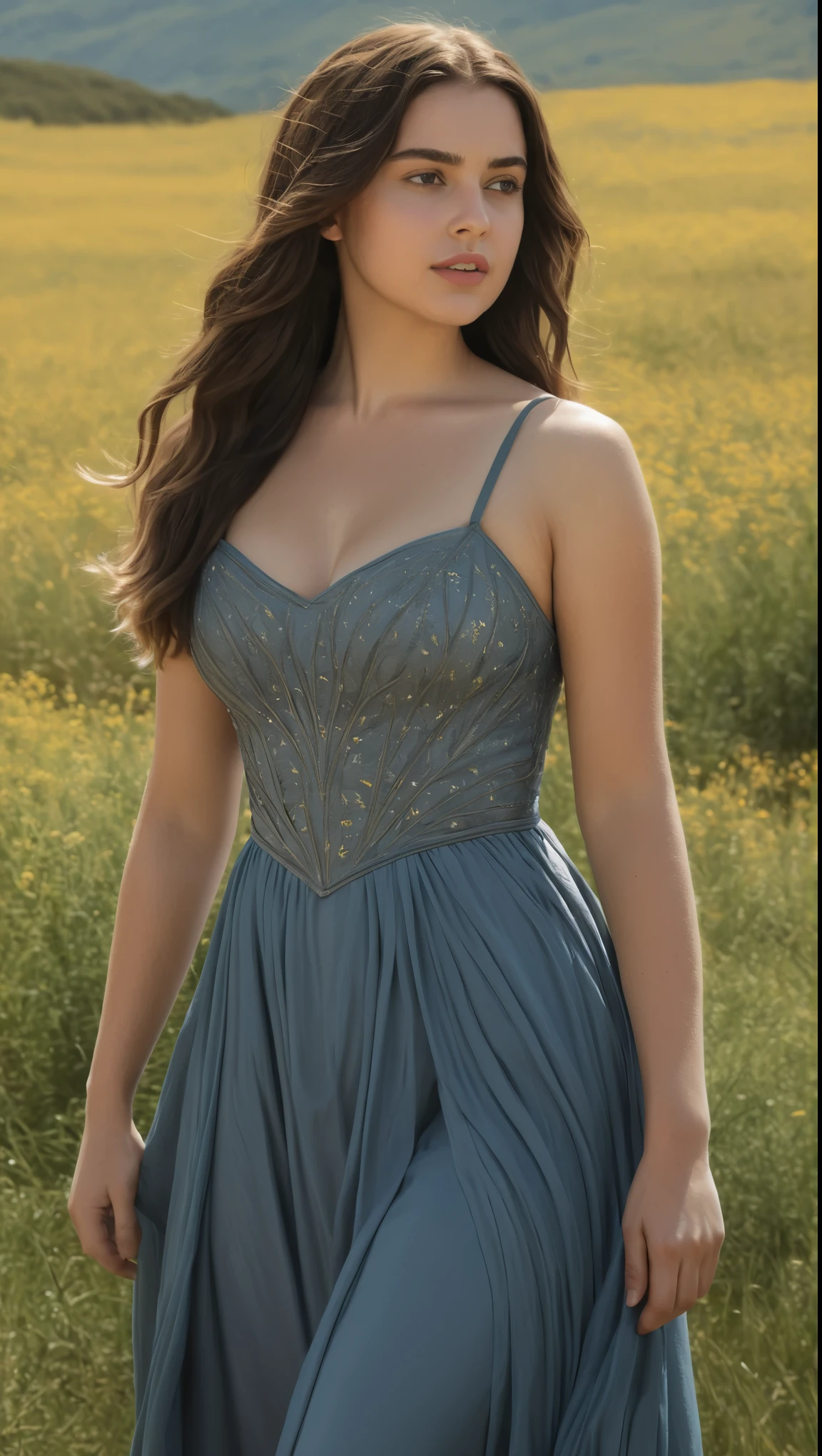 An illustrated movie poster, hand-drawn, full color, a Westerosi  girl, wearing a long regal dress, resembles Ana De Armas, sun-tanned complexion, athletic, hourglass figure, voluptuous, toned midriff, bottom-heavy, generous hips, massive bubble-butt, ridiculously thick powerful thighs, dark hair, long hair, waist-length hair, posing in a field of wildflowers, hard shadows, graphite shading, stencil marks, airbrushed acrylic paint, masterpiece, in the style of Game of Thrones 