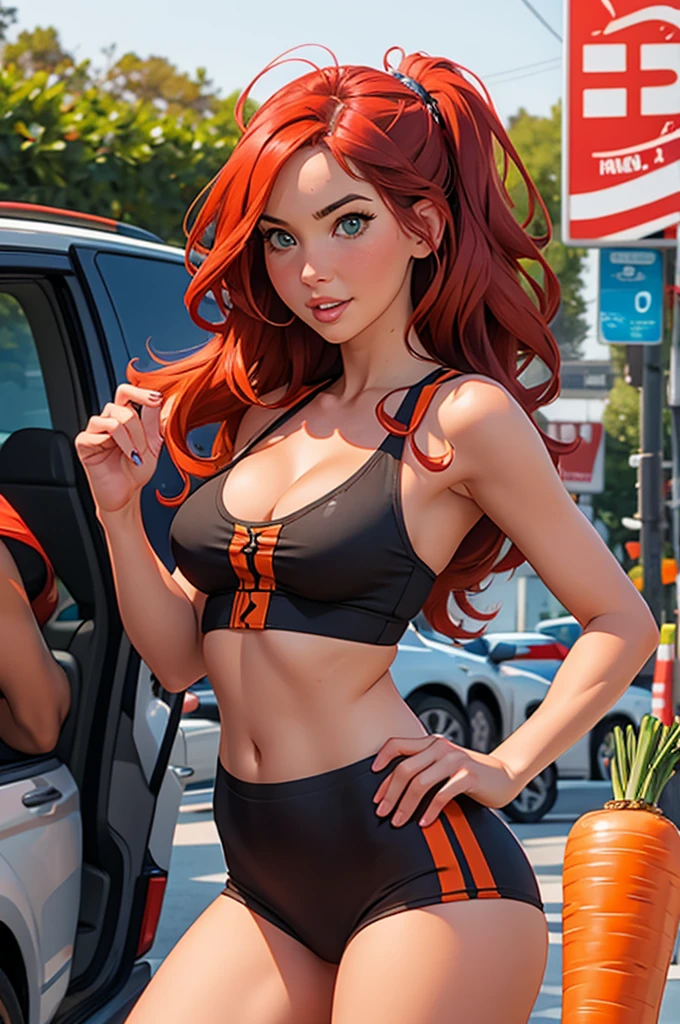 _cartoon BREAK 1girl , Car Interior, kim possible,  dark green swimsuit , perky breasts ,  cleavage,  medium breasts,  orange hair,  green eyes, toys,  crossed legs , hands on thighs,sitting,  from the front , smile 