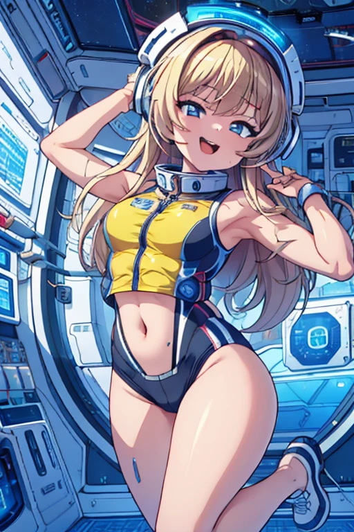 top-quality,Top image quality,in 8K,4K,​masterpiece,ultra-detailliert,Beautiful,ultra-quality, best quality,high resolution, ultra-detailed,game cg,dutch angle,(acrobatic pose):5,jumping:5,(inside spacestation,)beautiful detailed eyes,five fingers,headphone,nsfw,a beauty girl,(astrovest):5,(track uniforms),wet,(steam:1.5),Running form,open open mouth,(blonde hair),(long hair):2,Navel,space_station_interior, exercise_room, futuristic, high_technology, zero_gravity_exercise_equipment, high_resolution_landscape, sleek_design, minimalistic, 8K_resolution, game_cg_style, Dutch_angle, detailed_character, track_uniform, perfect_running_form, intense_expression, detailed_eyes, determination, steam:1.5, beauty, strength, five_fingers, visible_navel, open_mouth, ultra_quality, high_resolution, ultra_detailed,astrovest