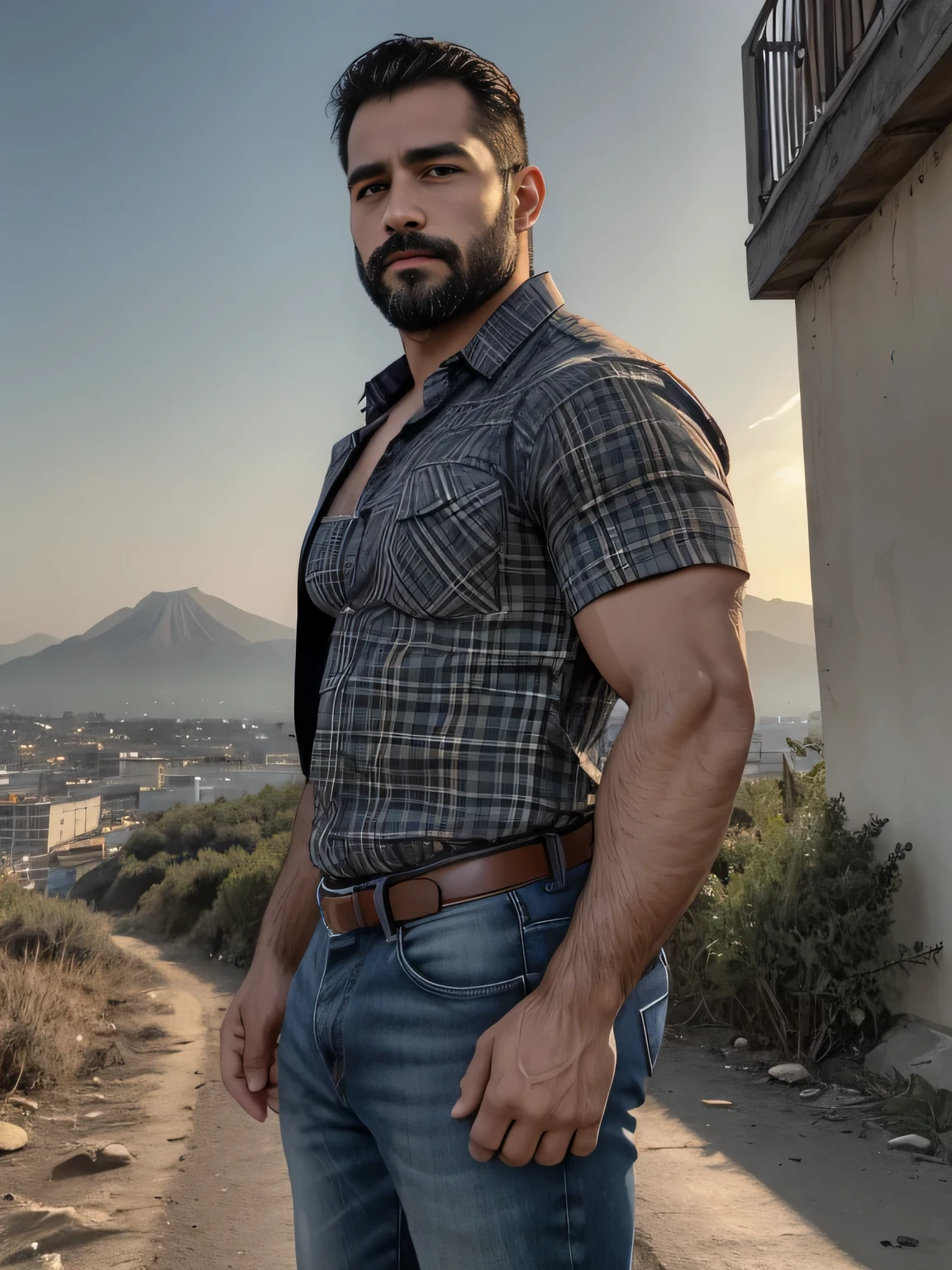 obra maestra, Mejor calidad, high resolution, Retrato de primer plano, (1 chico:1.4) A man in a lumberjack suit (cuadros blancos y negros), muscular, (con camisa: 1.2) enfoque masculino, enfocarse solo, piel bronceada, 38-year old man,  muscular, fuerte, peludo, Masculino, (descamisado: 1.2), in the background a mountain of garbage, in a city with a lot of traffic and pollution, amazing composition, Vista frontal, HDR, volumetric lighting, (plano general, desde el frente:1.2) (GS-Macho :1.5) (magnificent landscape:1.2)