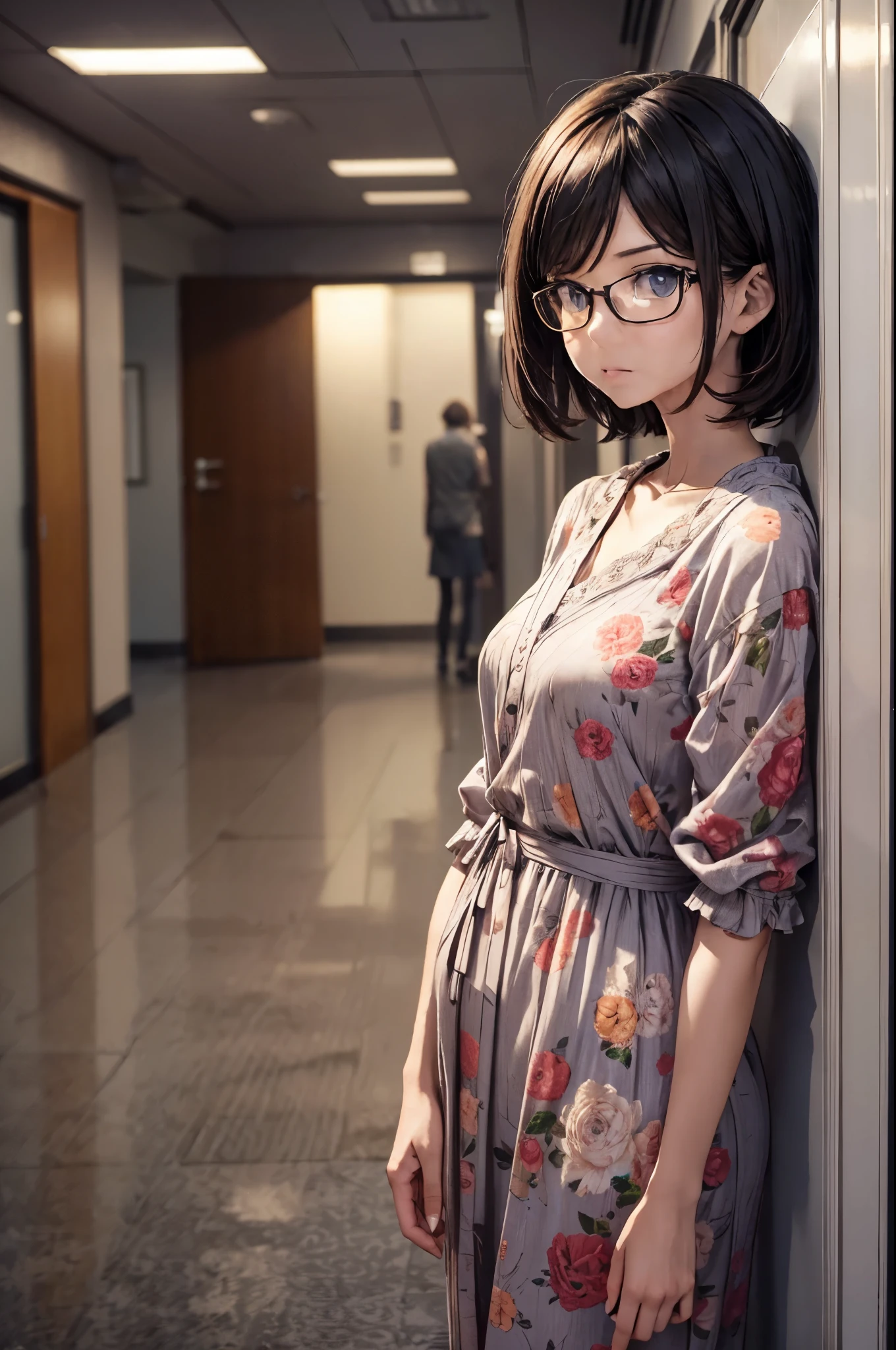 night hotel,inside the room,full body,one 30 years old lady,office lady,slender body,she’s wearing heavy makeup,she’s wearing glasses,brown short bob hair,rage,glaring,serious,fold arms,(she’s wearing maxi length flower patterned dress,pamps)