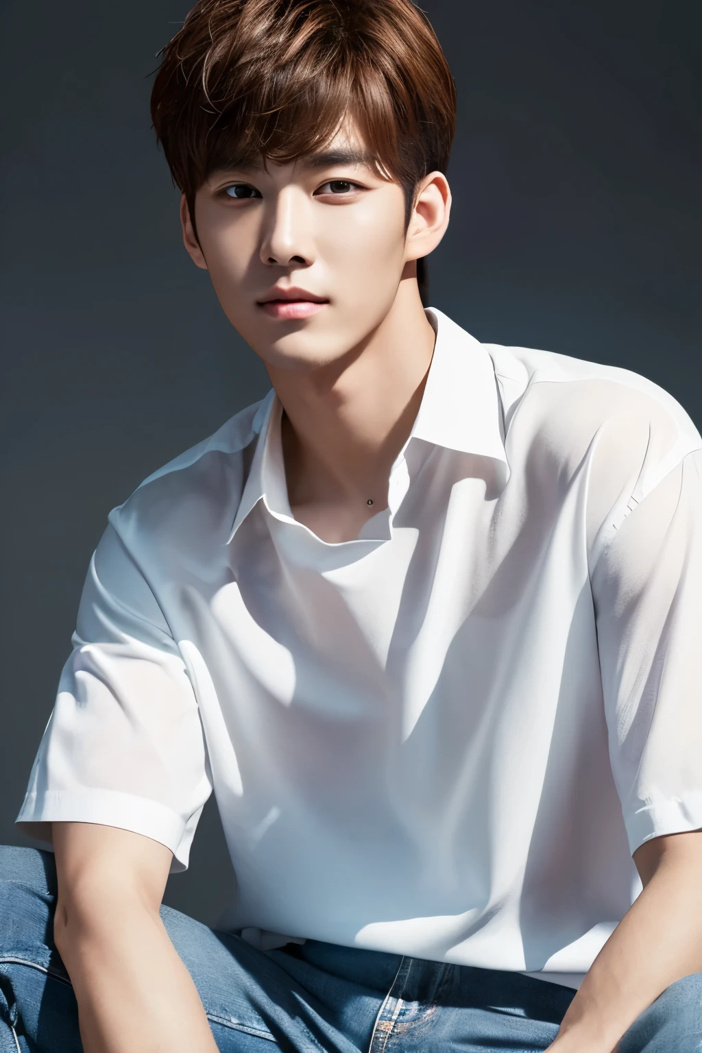 Create realistic images, High resolution photo with a handsome Korean guy, Heterochromatic eye, He was wearing a loose white shirt and white jeans...,nice skin,half body portrait,Open it up...,short light brown hair.,strong