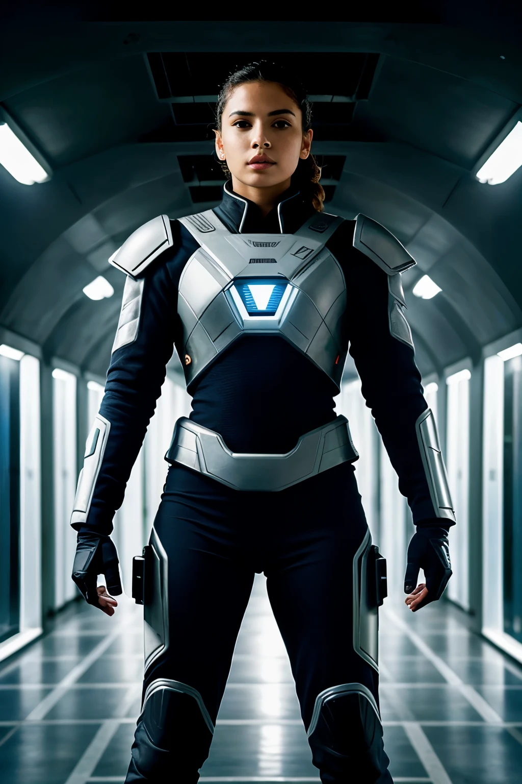 ((Melhor qualidade)), ((obra de arte)), (detalhado), cinema, alienigena guarda armado futurista uniforme, cyber future rifle, front view, close