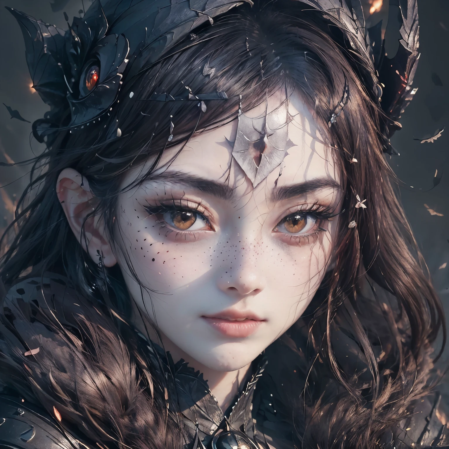 a close up of a japanese woman with freckles and a black dress, half vampire, trending on cg society, gothic art, soft portrait shot 8 k, cute face. dark fantasy, romanticism portrait, beautiful portrait, very beautiful portrait, gorgeous portrait, stunning portrait, dark fantasy portrait, dreamy gothic girl, 8k artistic portrait photography
