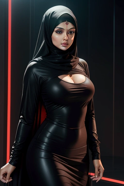 RAW, Best quality, high resolution, masterpiece: 1.3), beautiful swedish in hijab,Masterpiece, perfect slim fit body, (big breasts), big gorgeous eyes, Soft smile, high_slit, necklace, choker, night walk, park, Excellent lighting, Bright colors, Clean lines, futuristic