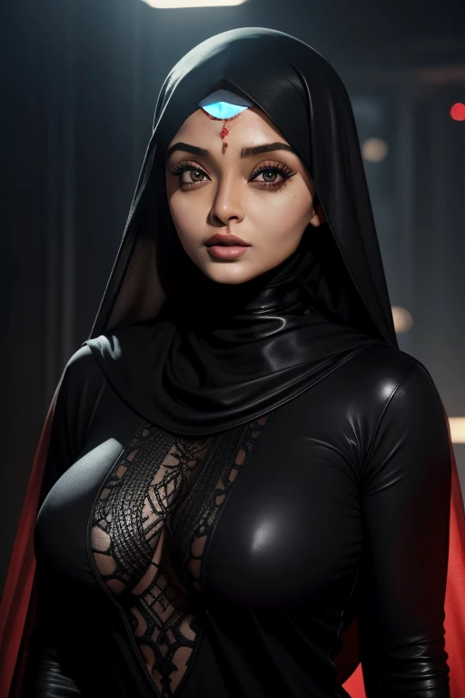 Aishwarya Rai, cleavage, ((wearing hijab)), voluptuous woman, long sleeve t-shirt, black t-shirt, transparent t-shirt, red leather, 42 yo, athletic body, soft volumetric lights, volumetric lights, intricate details