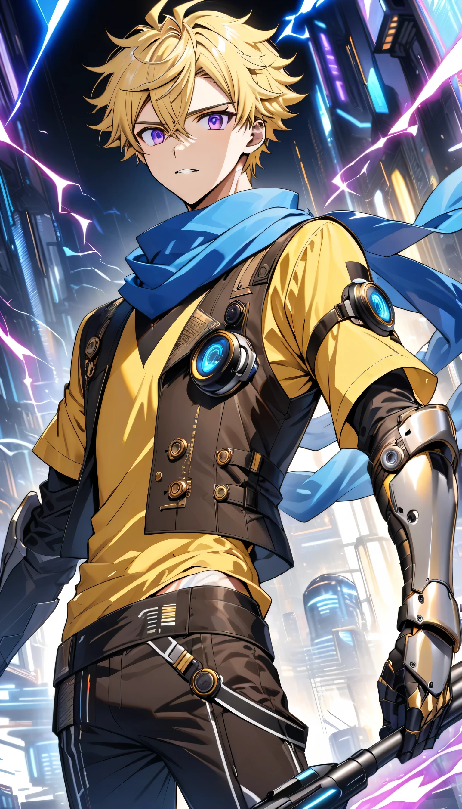 Young adult 15 year old anime male with fair skin, thin but toned body, blonde hair with a few black and white streaks, purple eyes, wearing a black steampunk vest, yellow shirt, dark brown pants, and a blue scarf, with high tech sci fi headphones, high tech sci fi gauntlets, and high tech sci fi greaves. He is also holding a high tech sci fi spear, and prismatic colored electricity is shooting out from his gauntlets.