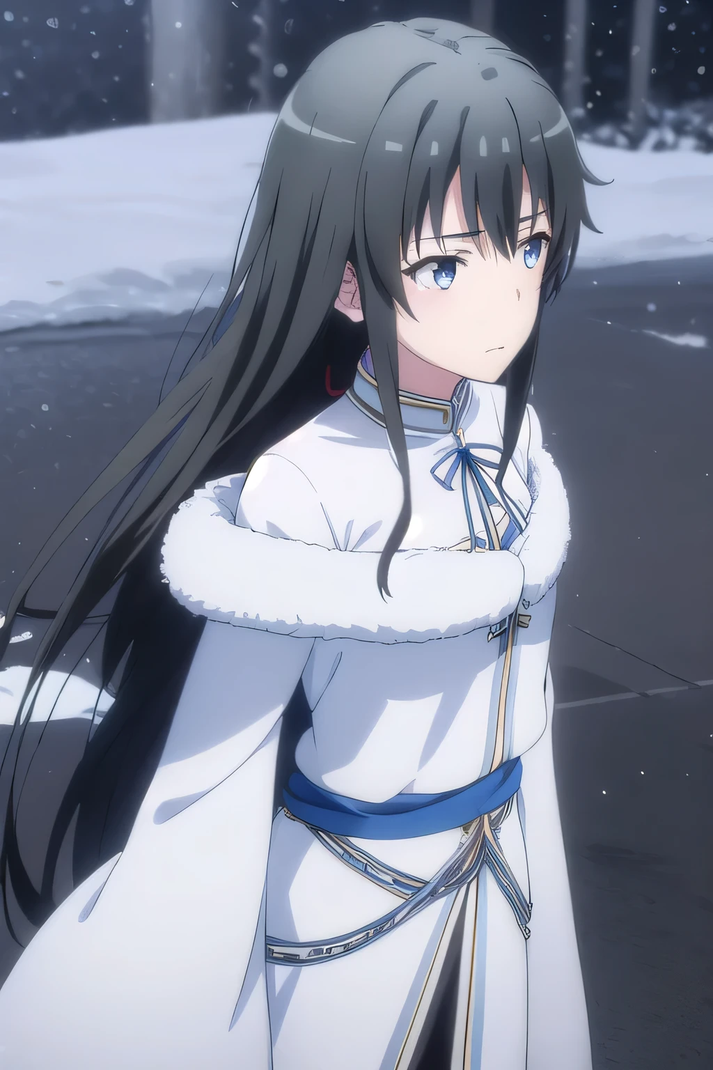 Yukinoshita Yukino, black hair, blue eyes, long hair, (small breasts:1.2),Queen's Costume,pale blue outfit,The emperor's costume,snow scene,high quality,4k,faint smile,