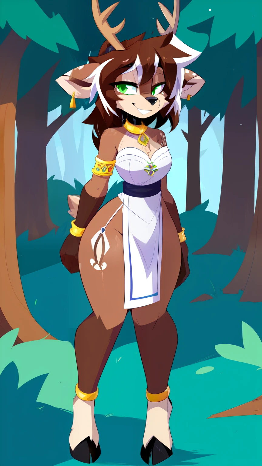 (by xexeezy), by Kilinah, by Coffeesoda, by Hioshiru, by Kilinah, Furry, Anthro, Female, Solo, smug smile, (half-closed eyes), long brown Hair (white highlights in hair), brown Tail, (green eyes), looking at the viewer, (medium breasts, hips), (deer), (forest, day), (brown body, two-tone fur), extremely detailed, extremely detailed legs, extremely detailed arms, extremely detailed face, perfectly detailed eyes, perfectly detailed anatomy), perfect lighting, (white bra, white loincloth, tribal clothes, tribal tattoos, tribal collar, tribal wristband, tribal jewelry), standing, (hooves feet), leaning fordward