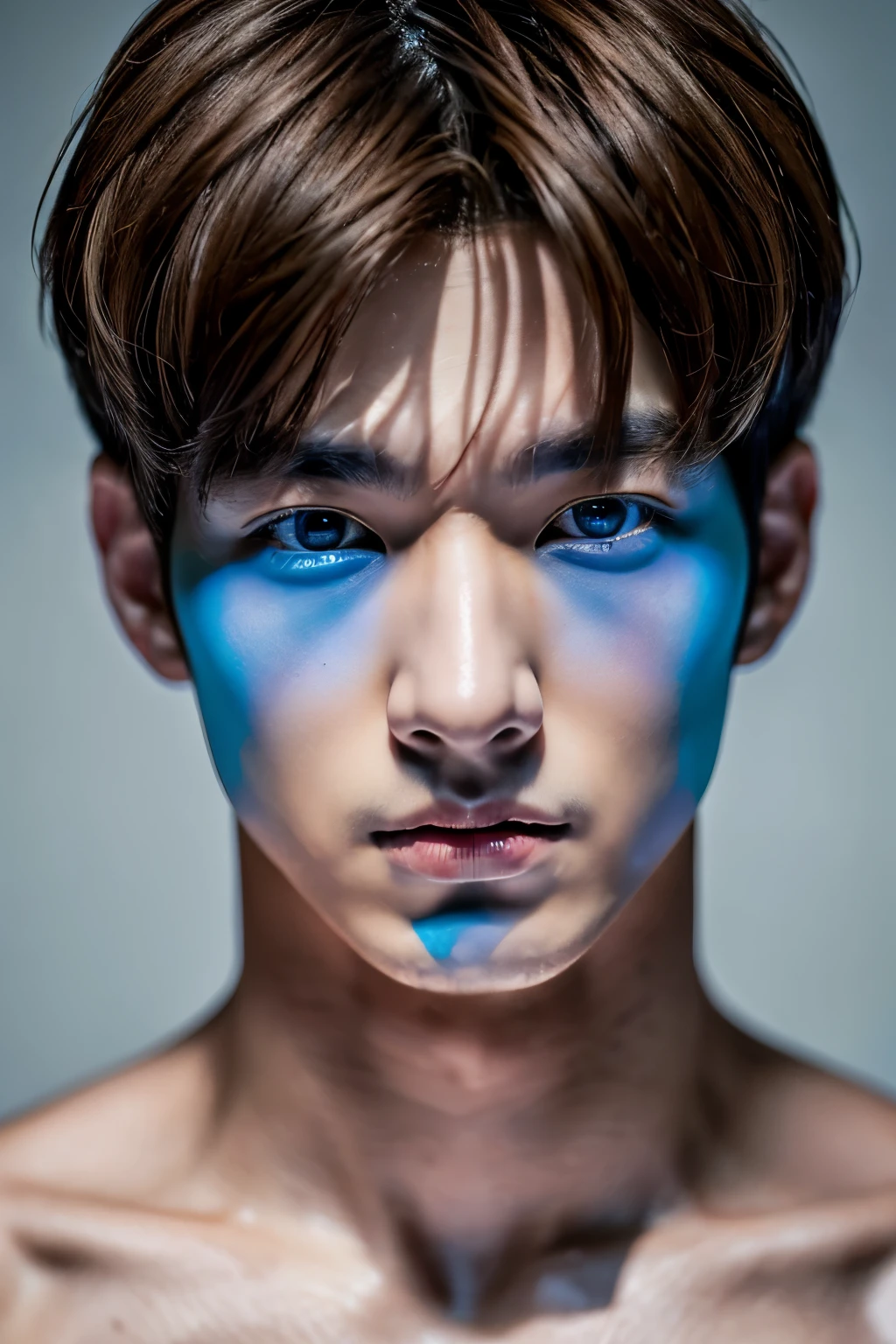 Create realistic images, High resolution photo with a handsome Korean guy, Heterochromatic blue eye, He was shirtless  ..,nice skin,half body portrait,Open it up...,short light brown hair.,strong