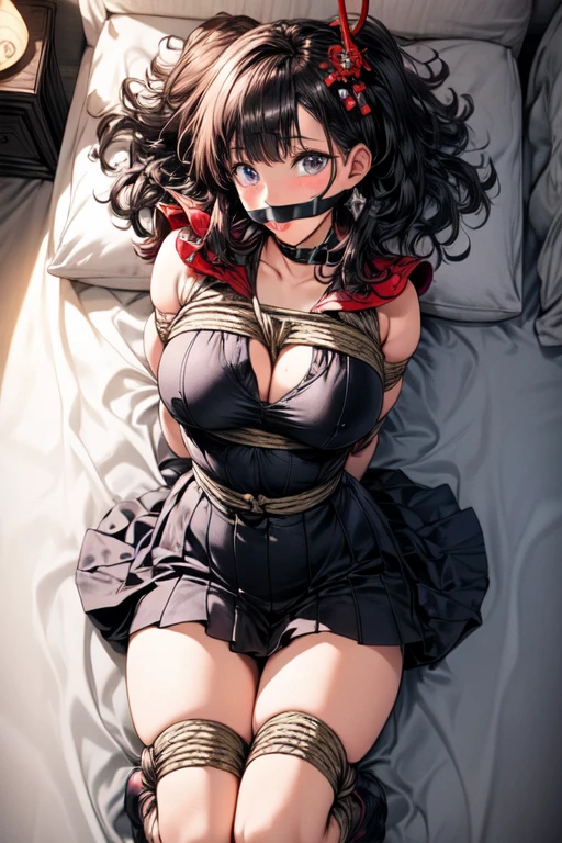 Genshin impact girl, lie in bed, gagged, tied tightly with big ropes